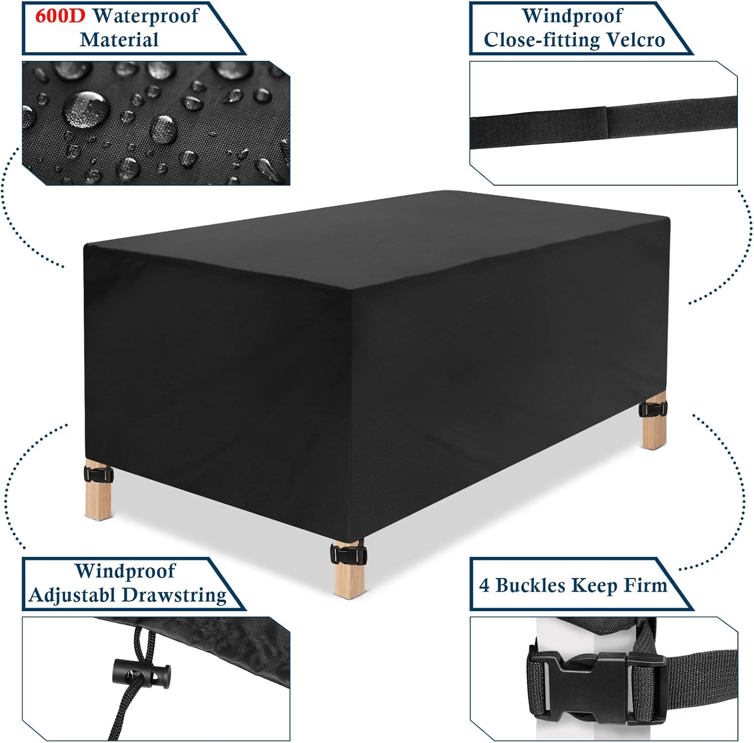 JESTOP Patio Furniture Covers, 600D Rectangular Outdoor Table Cover Waterproof Windproof Heavy Duty Oxford Fabric Anti-UV Patio Table and Chair Cover (67”L x 37”W x 28”H)