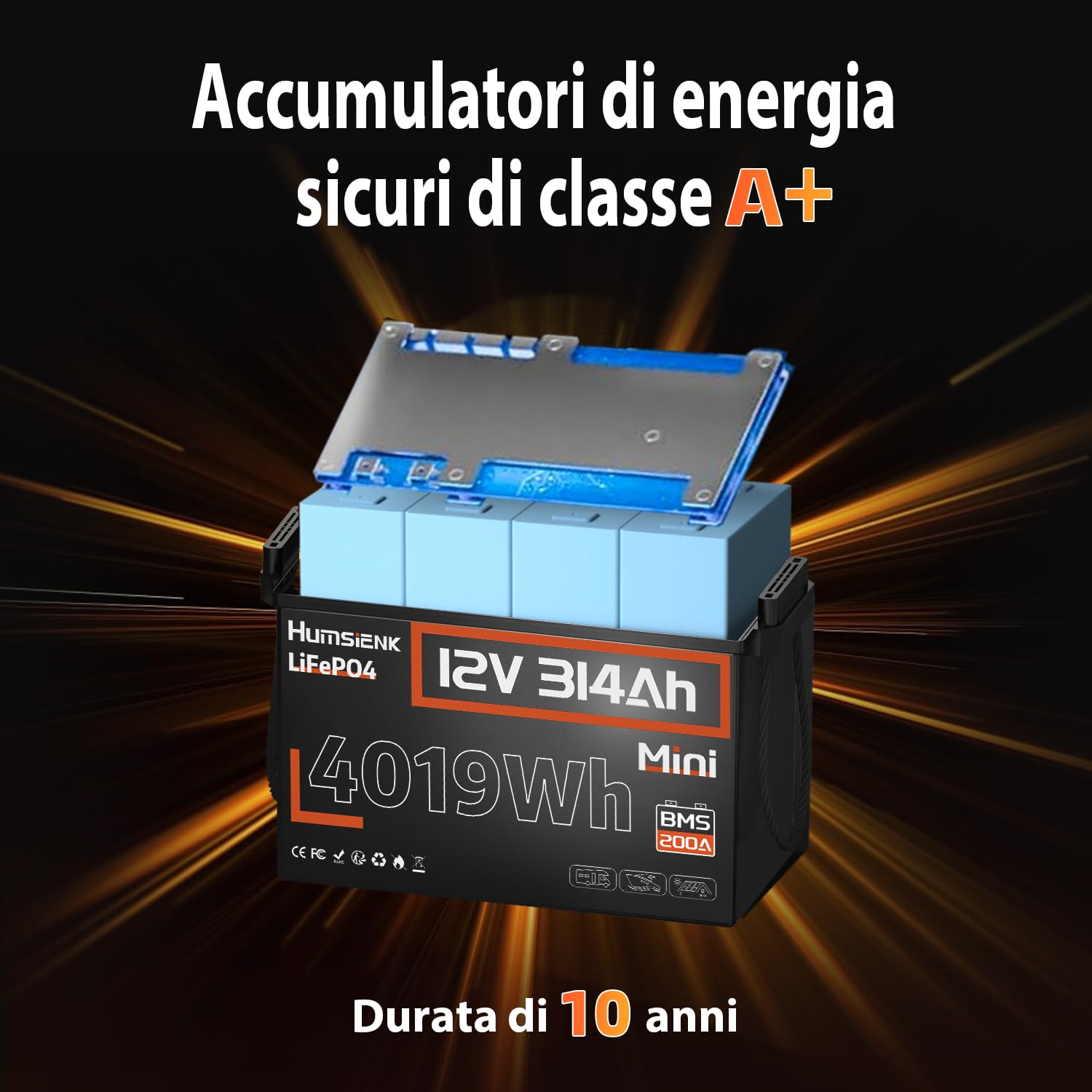 Humsienk Batteria LiFePO4 12V 314Ah Mini, 4019Wh batteria litio 300ah(314Ah) con BMS 200A, Protezione Bassa Temperatura, 15000 ciclo profondo, Ideale per camper, energia solare e barche