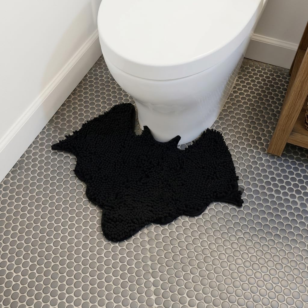 MANNY'S MYSTERIOUS ODDITIES Bat Toilet Rug - Chenille Gothic Bat Bath Mat - 24 x 20 Inch Extra Thick, Soft, Absorbant, and Machine Washable - Non Slip and No Crease Gothic Rug