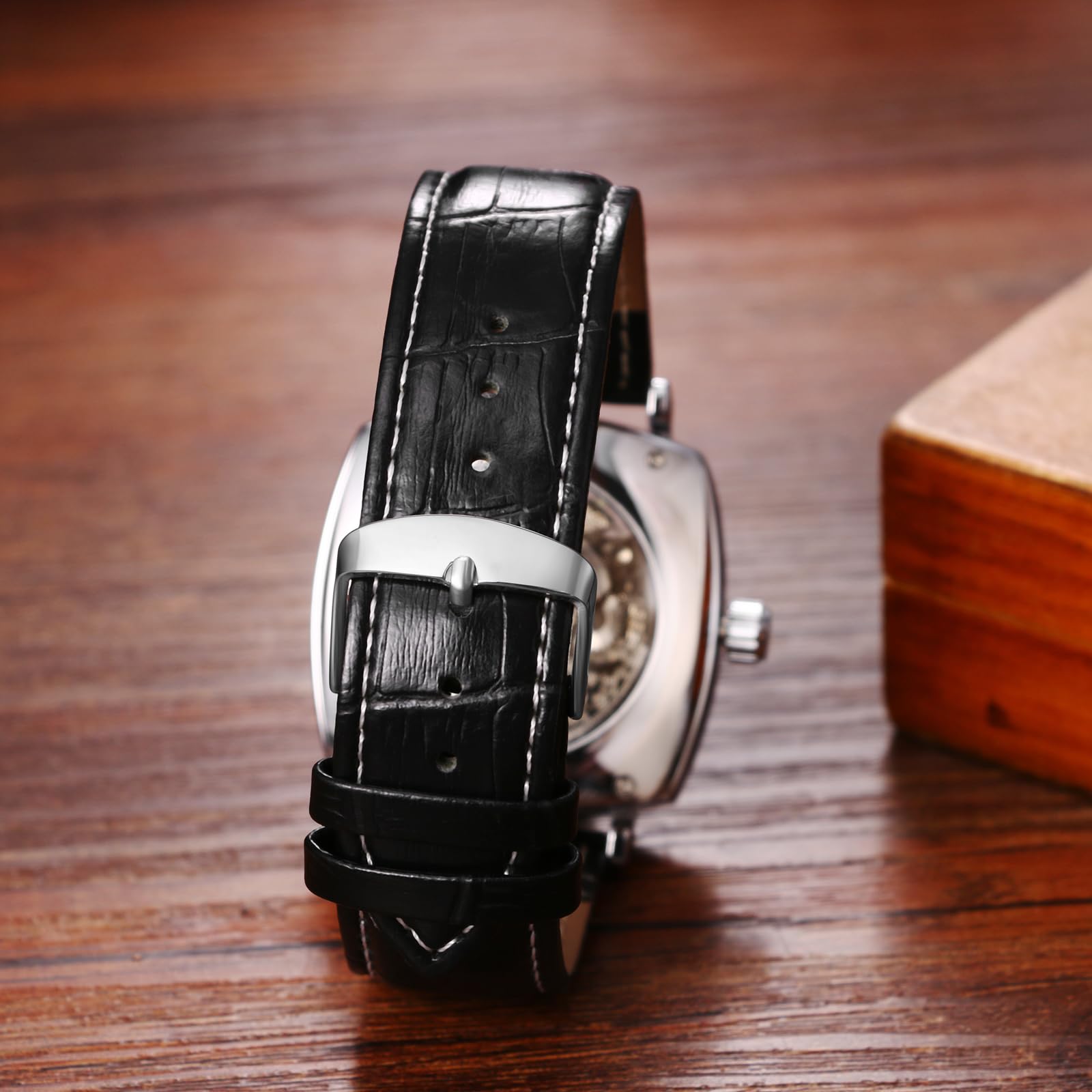 JewelryWe Herrenuhr Automatik Mechanische Uhr 30m wasserdicht Analog Automatische Armbanduhr Automatikuhr Herren Schwarz Echtes Lederarmband Skelett Uhr