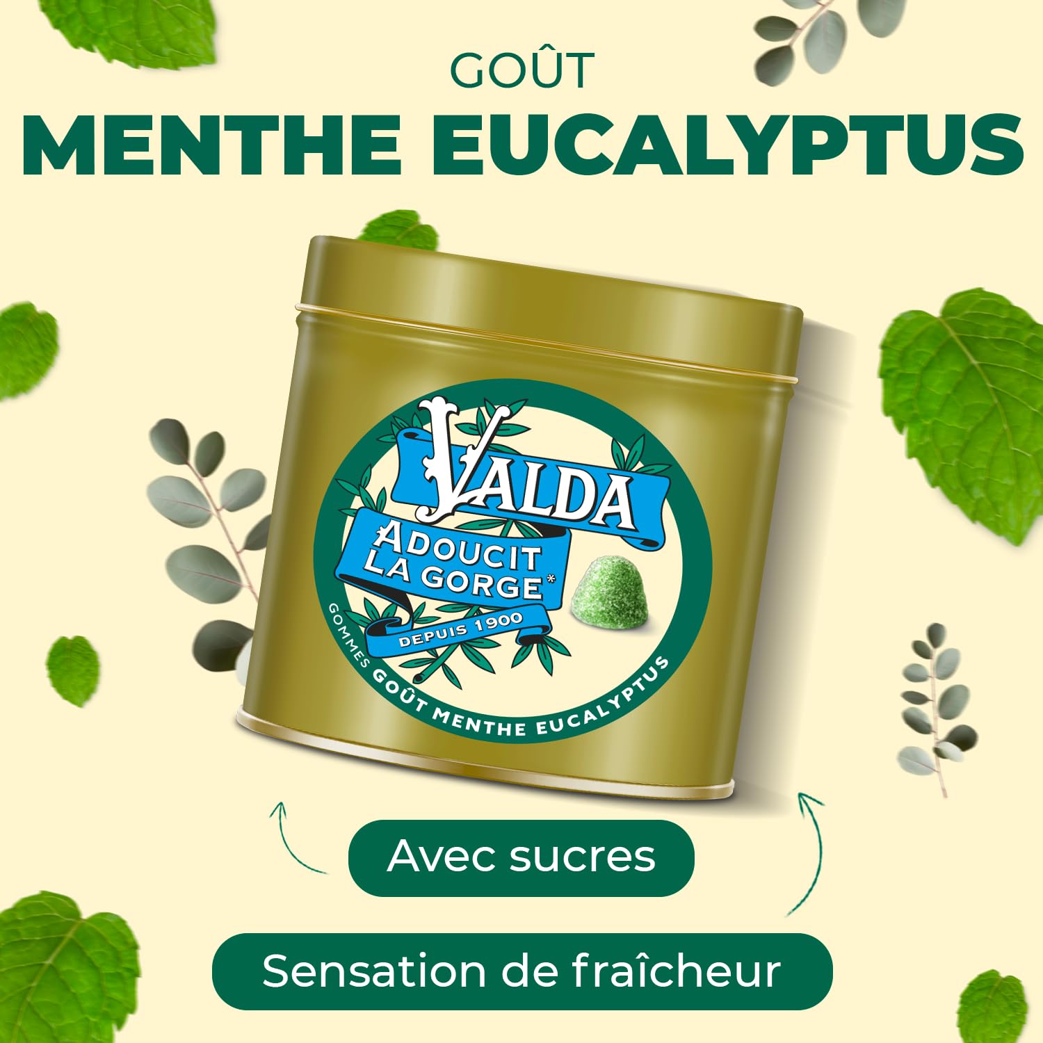 Valda Gommes Avec Sucres Goût Menthe Eucalyptus Adoucit la gorge 140 g