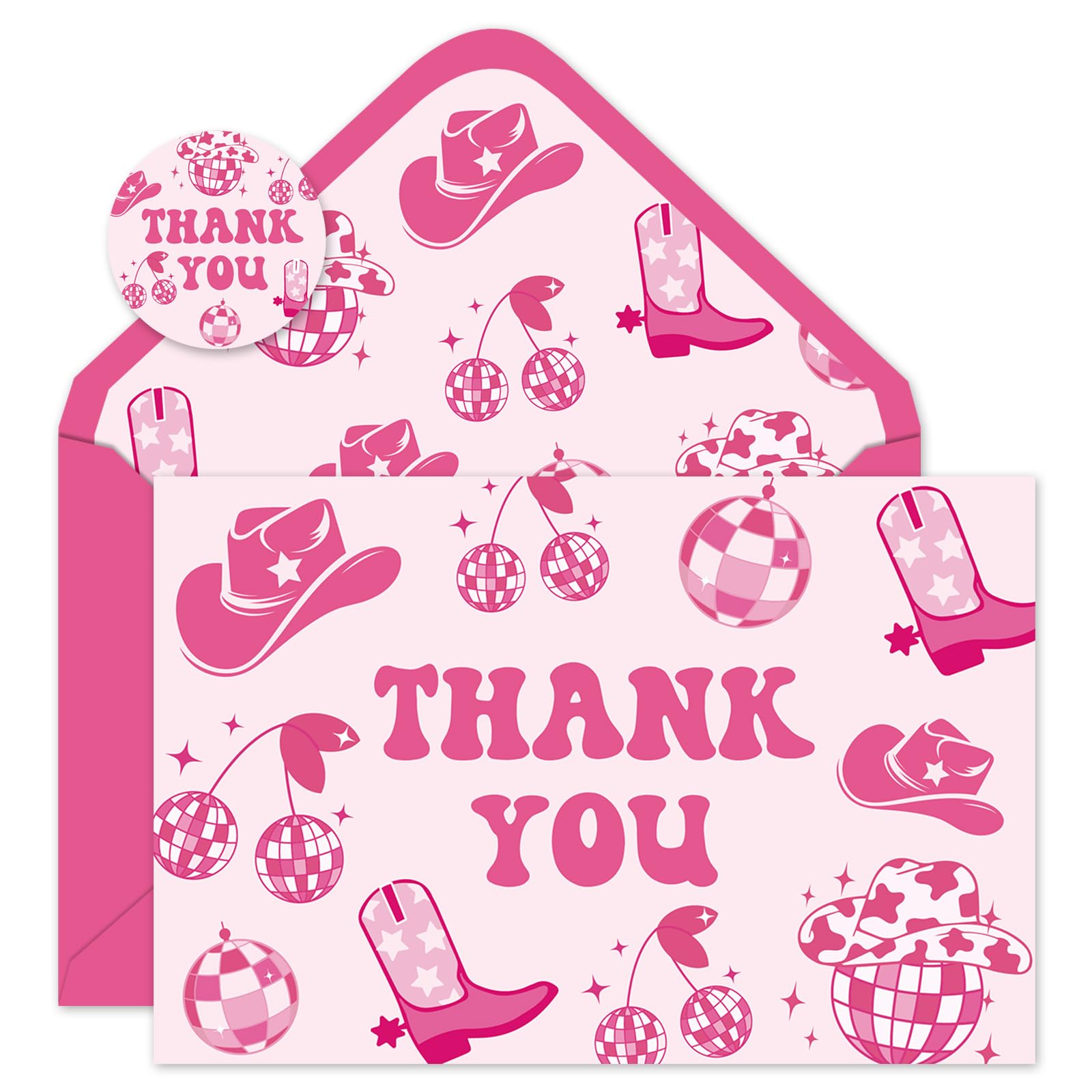 Whaline 24Pcs Cowgirl Thank You Cards with Envelopes and Stickers Disco Ball Cowgirl Hat Boots Greeting Cards Pink Blank Note Cards for Birthday Baby