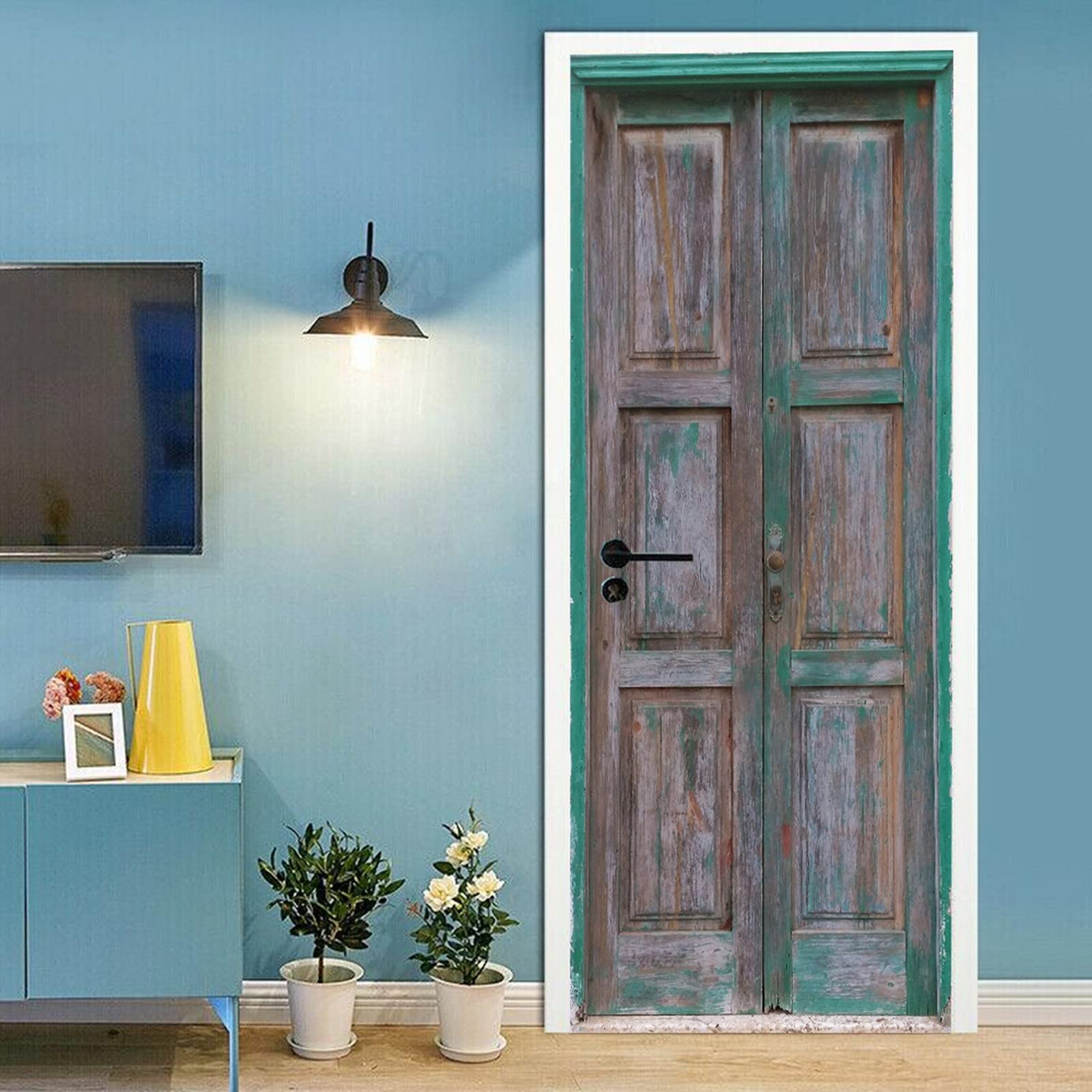 A.Monamour Sticker Mural Porte 3D 85x215 Cm épices Et Herbes Colorées Sur Cuillères Rustiques, Fond Bois Bleu, Autocollant Vinyle