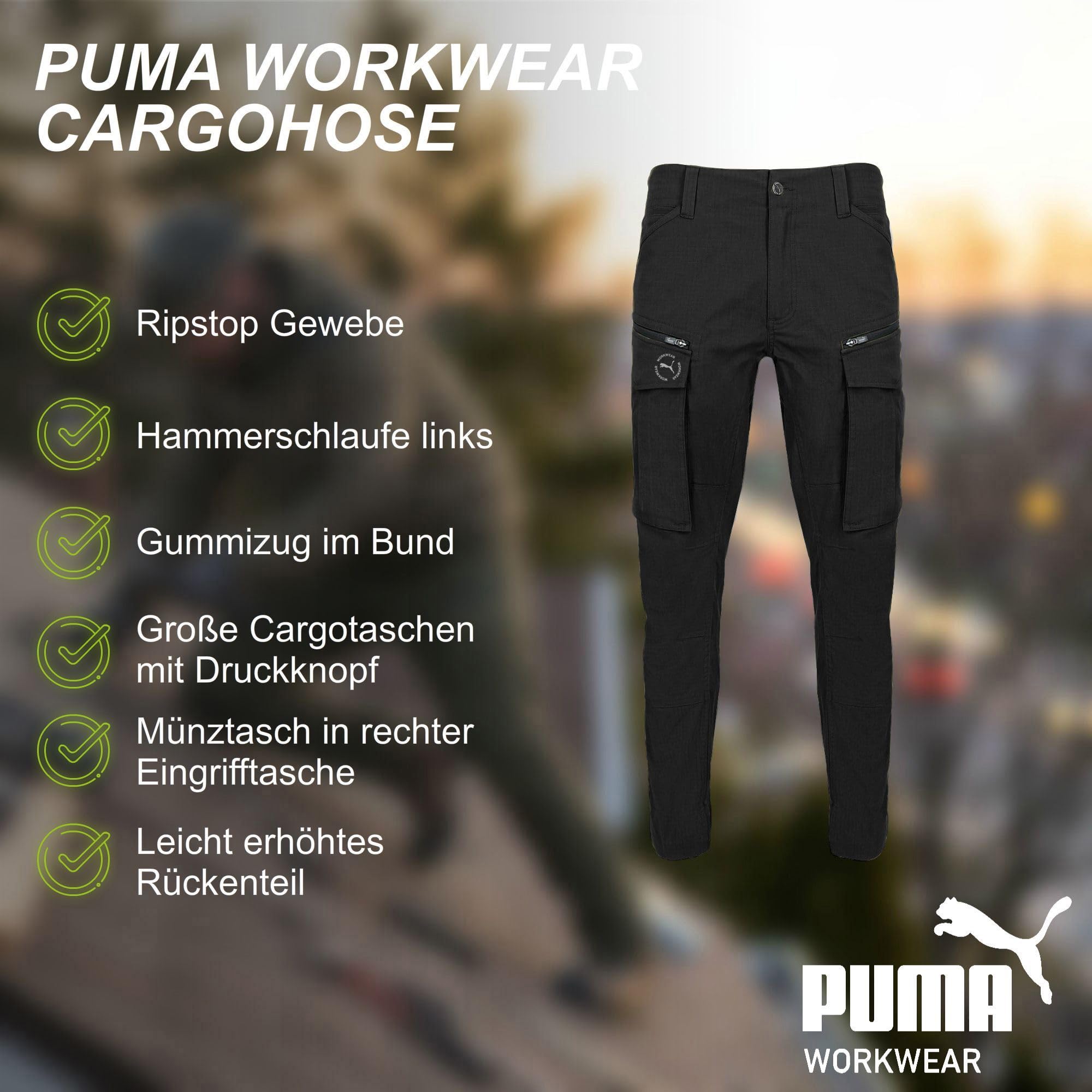 PUMA Workwear Cargohose Arbeitshose Herren – Robuste Hose mit Stretch & Ripstop-Gewebe - Gummizug im Bund - Erhöhtes Rückenteil - Hammerschlaufe - Innenliegende Handytasche