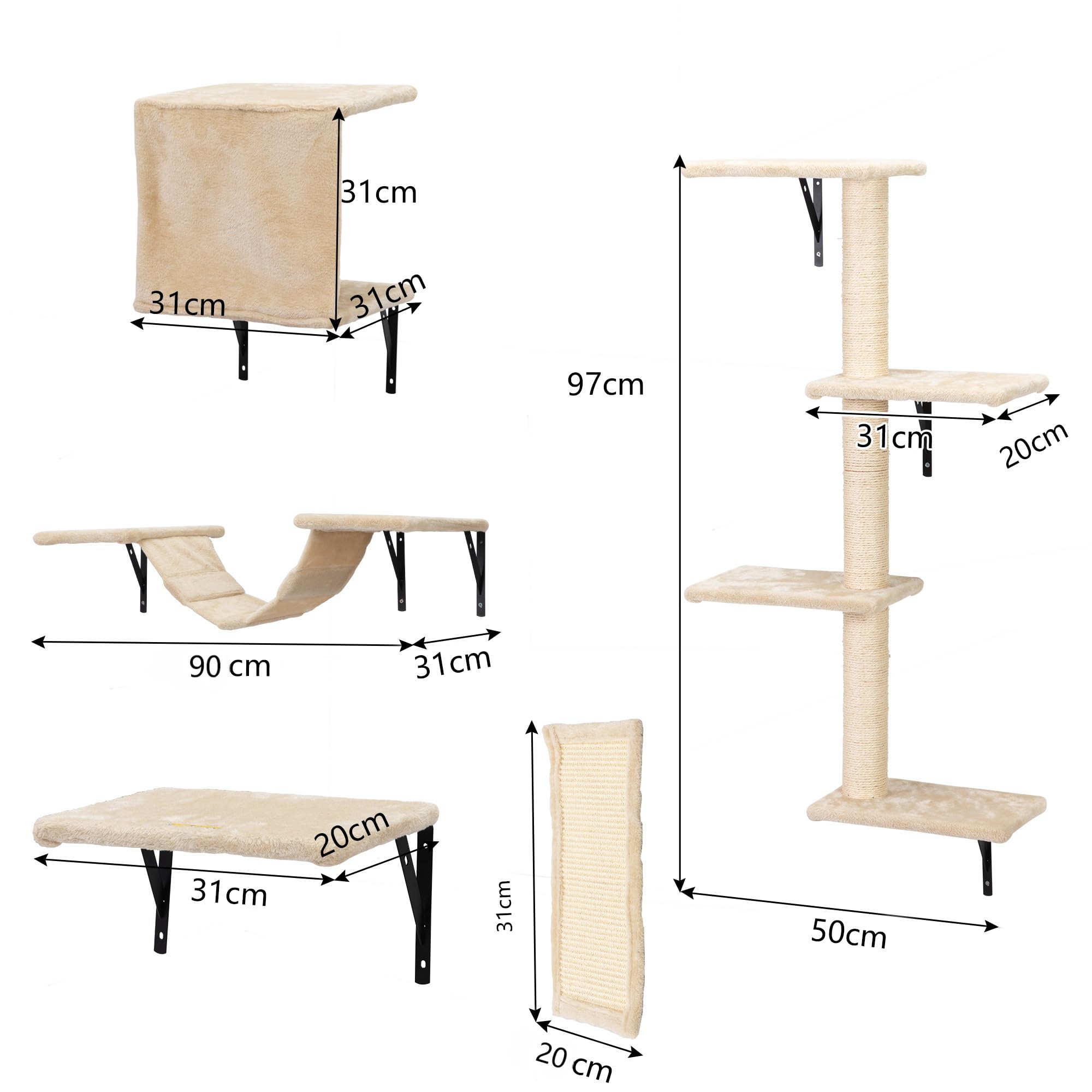 Katzen Kletterwand Set 5-teilig – Wandmontierte Katzenwand mit Katzenhaus, Katzenbrücke & Kratzbrett, Platzsparende Kletterwand Katzen für Wohnung, n, Katzenbrücke (beige)