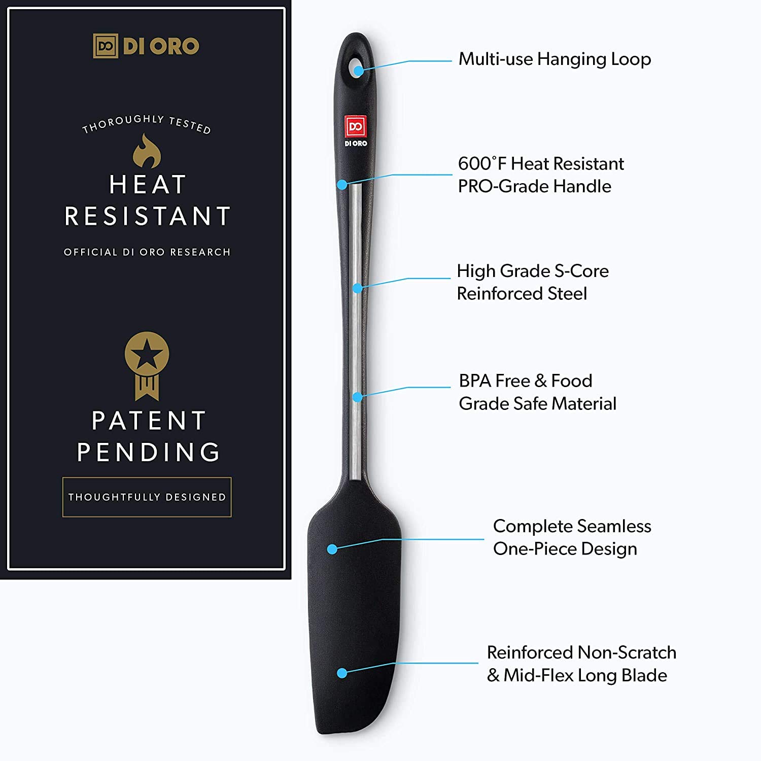 DI ORO Seamless Series 4-Piece Silicone Spatula Set - 600degF Heat-Resistant Rubber Spatulas - Pro-Grade Kitchen Utensil Set - LFGB Certified and BPA Free Silicone - For Cooking and Baking (Black) - Image 9