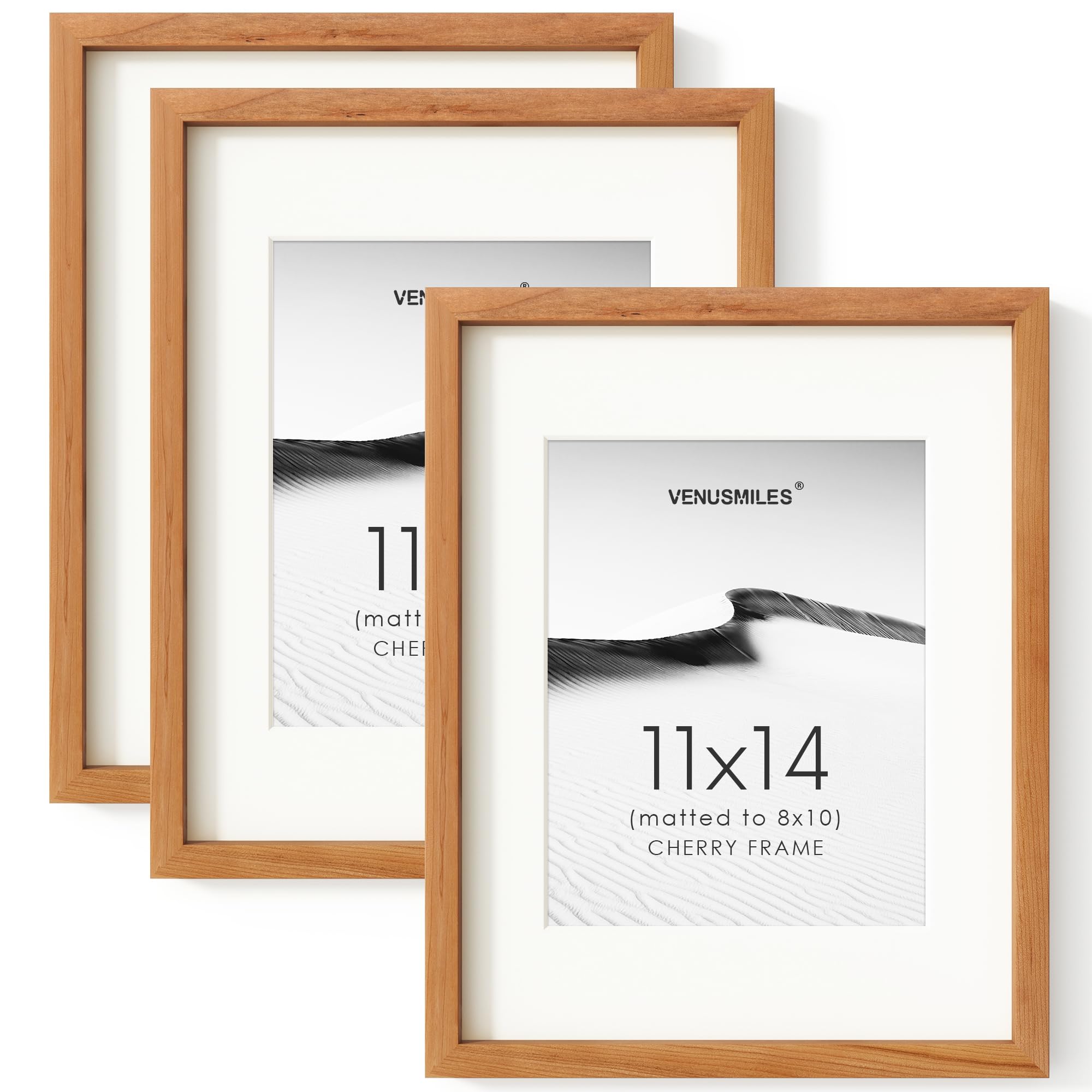 11x14 Picture Frame Set of 3, USA-Sourced Natural Cherry Wood Photo Collage Frame with HD Tempered Glass, Modern Simple 11 x 14 Wooden Frame Matted to