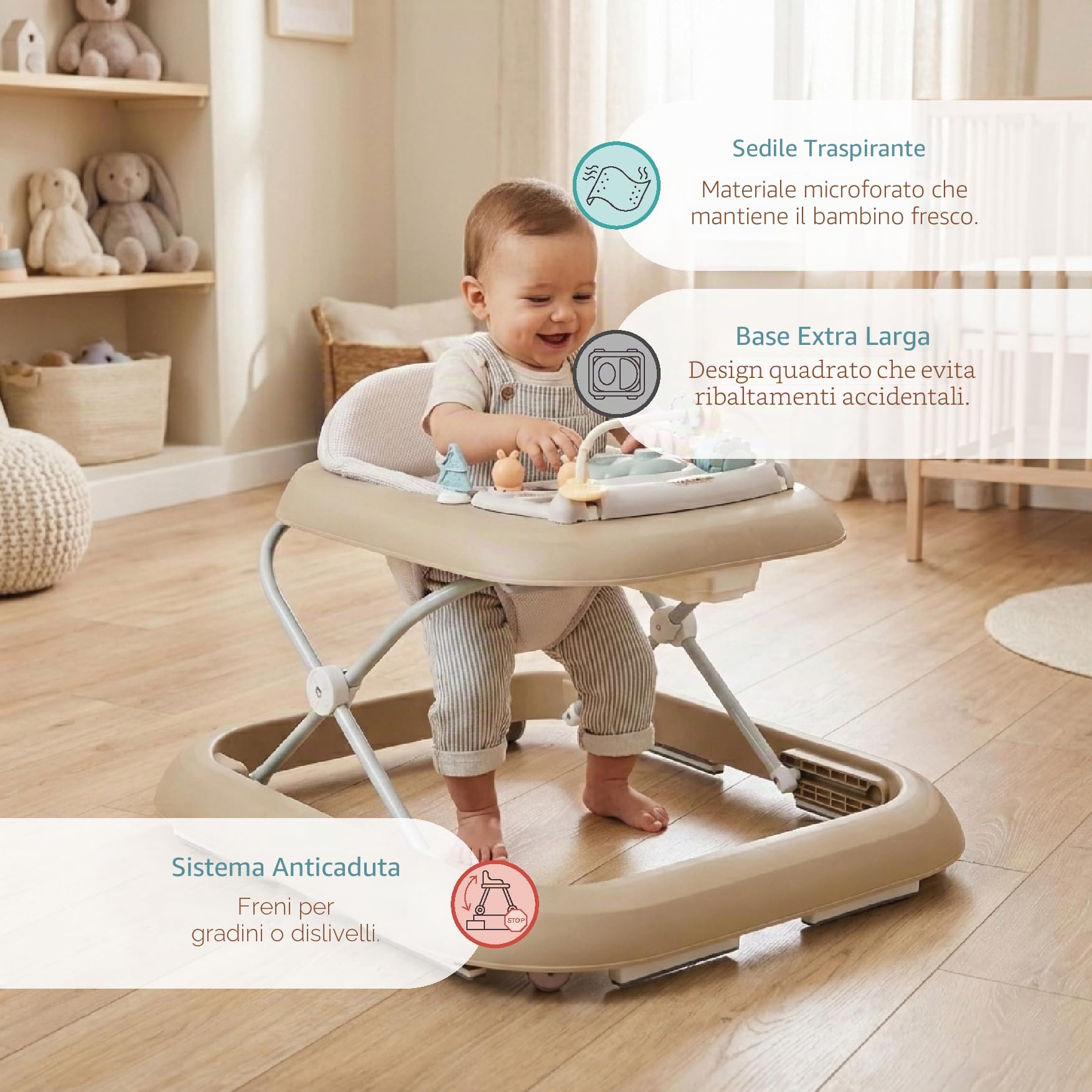 Buddy Baby FUNNY - Deambulatore per bambini + 6 mesi con base antiribaltamento - Include Vassoio con Suoni e Giochi - Pieghevole compatto, altezza regolabile e ruote girevoli a 360° (Sabbia)