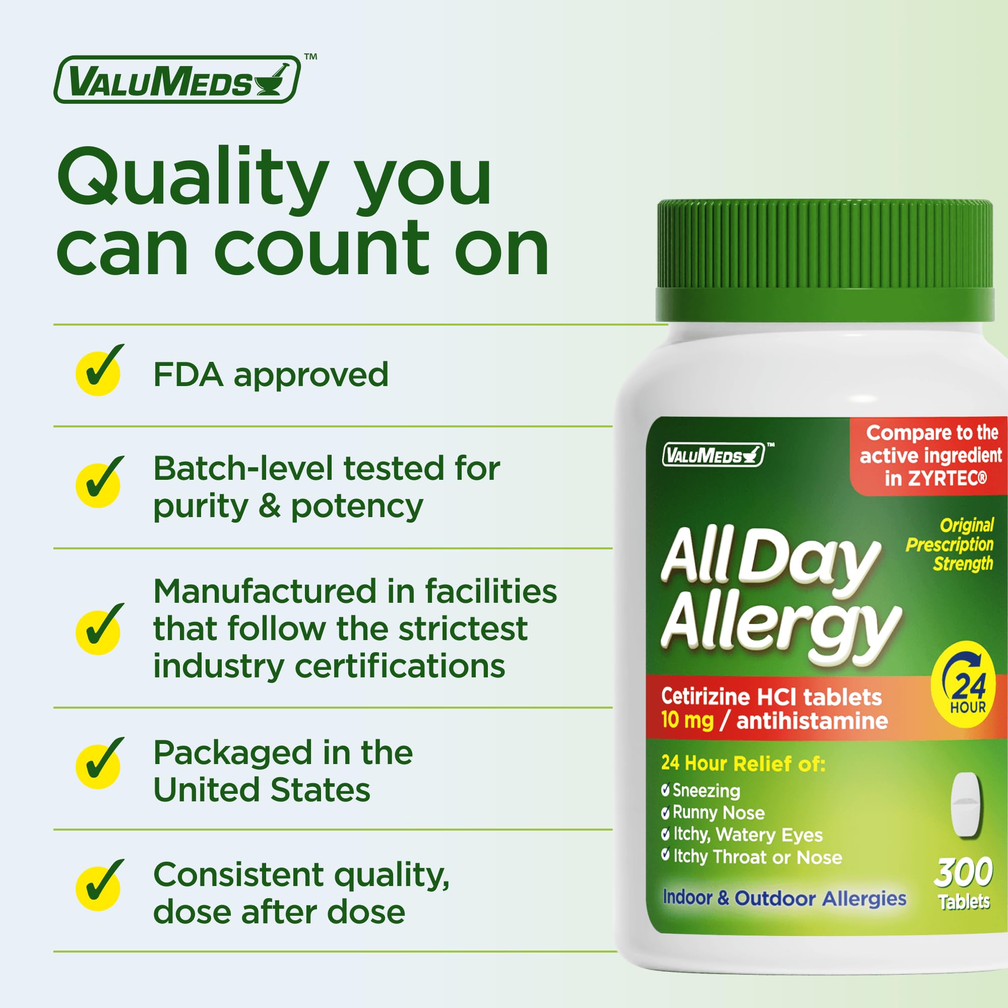 ValuMeds 24-Hour Allergy Medicine Antihistamine for Pollen, Hay Fever, Dry, Itchy Eyes, Allergies | Cetirizine HCl 10mg Caplets, Compare to Leading Brand (300 Count) — Amazon image 5