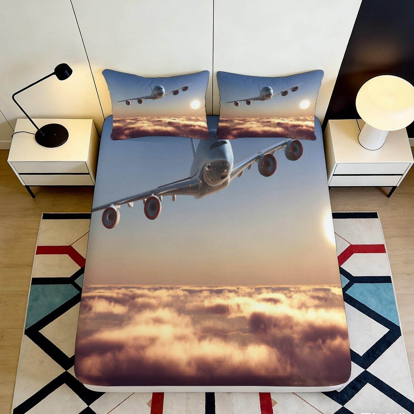 3D Printed Airplane Sunset Fitted Sheet Microfiber Soft Breathable Cloud Sky Bed Cover for Bedroom Dorm Decor 120x200x25cm