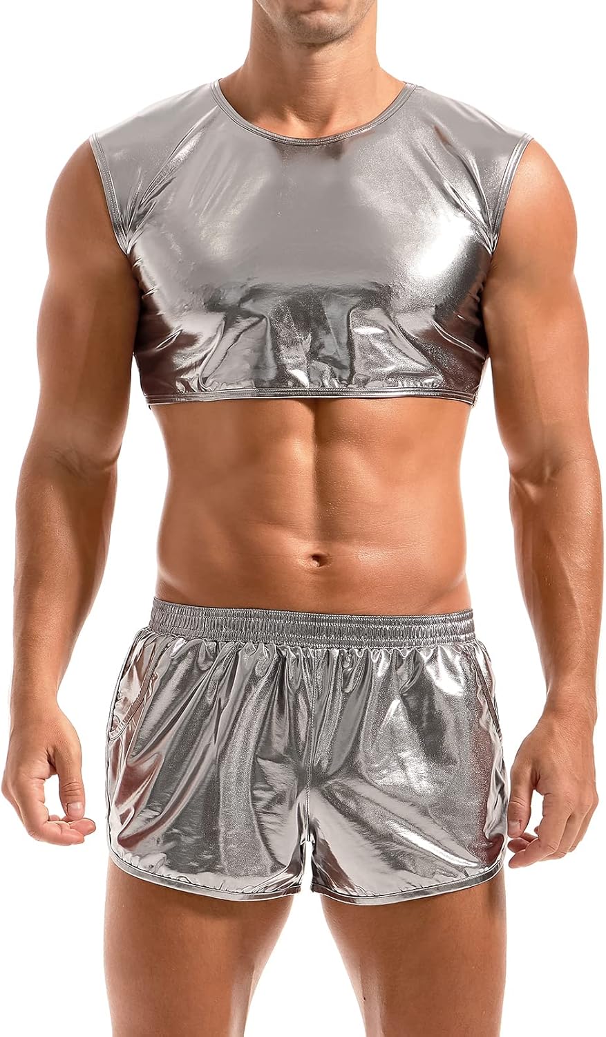 AMY COULEE Mens Metallic Crop Tops Sexy Shiny Tops Sleeveless Muscle Half Tank Tops Nightclub Party Tops