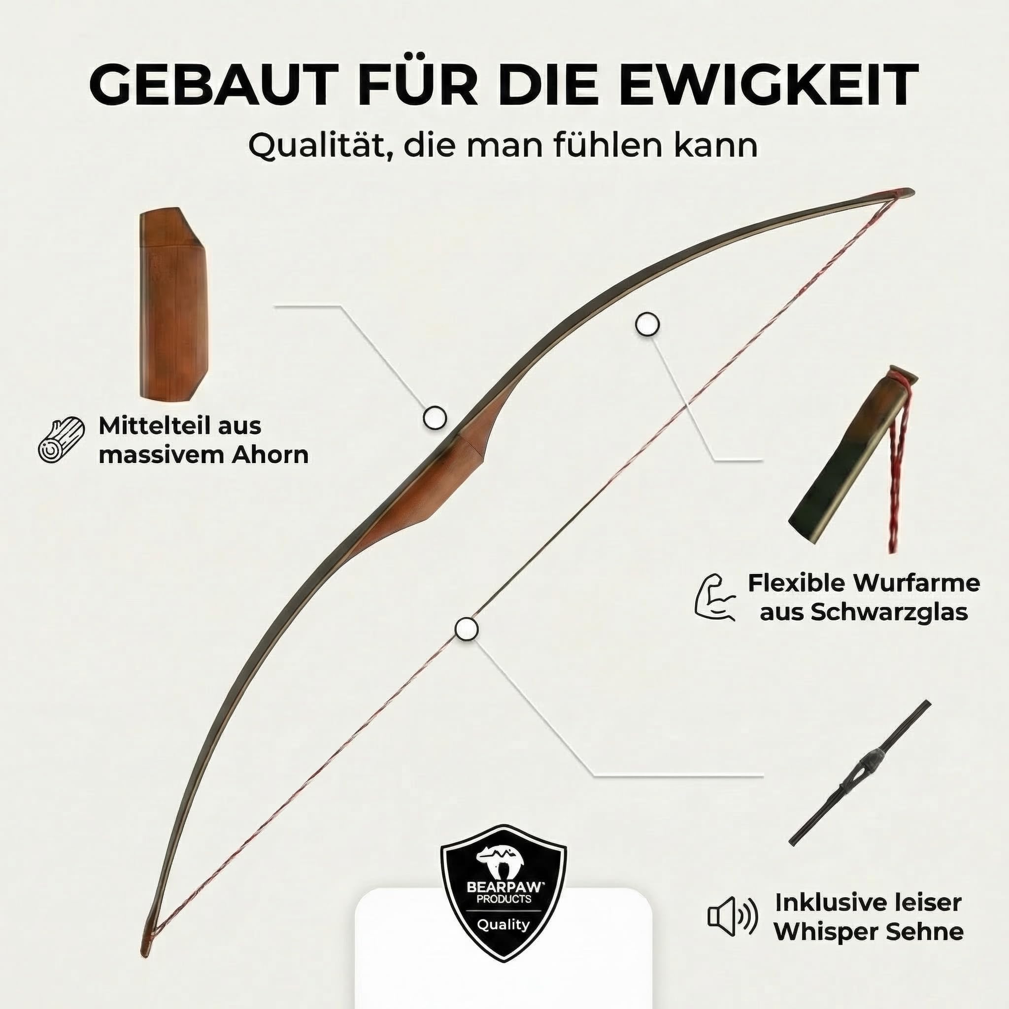 Penthalon Little Sioux Kinder Bogen - hochwertiger Bogensport Langbogen aus Holz für Kinder von 6-10 Jahre, Bogenlänge 35 Zoll/89 cm, Zuggewicht 10-15 lbs