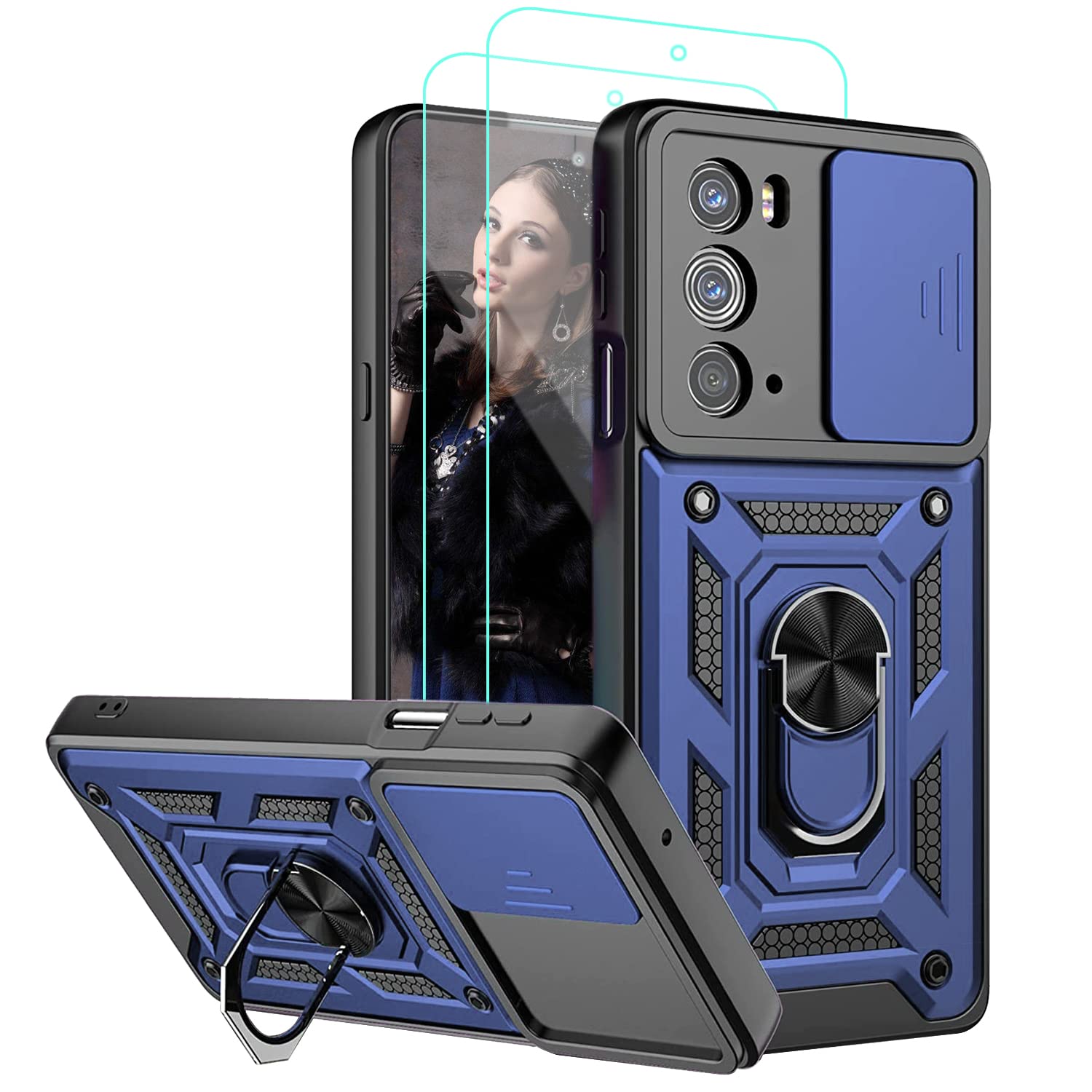 Compatible with Motorola Moto Edge 2022 5G Case with [2 Pack] HD Screen Protectorwith Kiststand,Built Slide Camera Protection Cover, Heavy Duty Protection Cover for Moto Edge 2022 Phone Case Blue