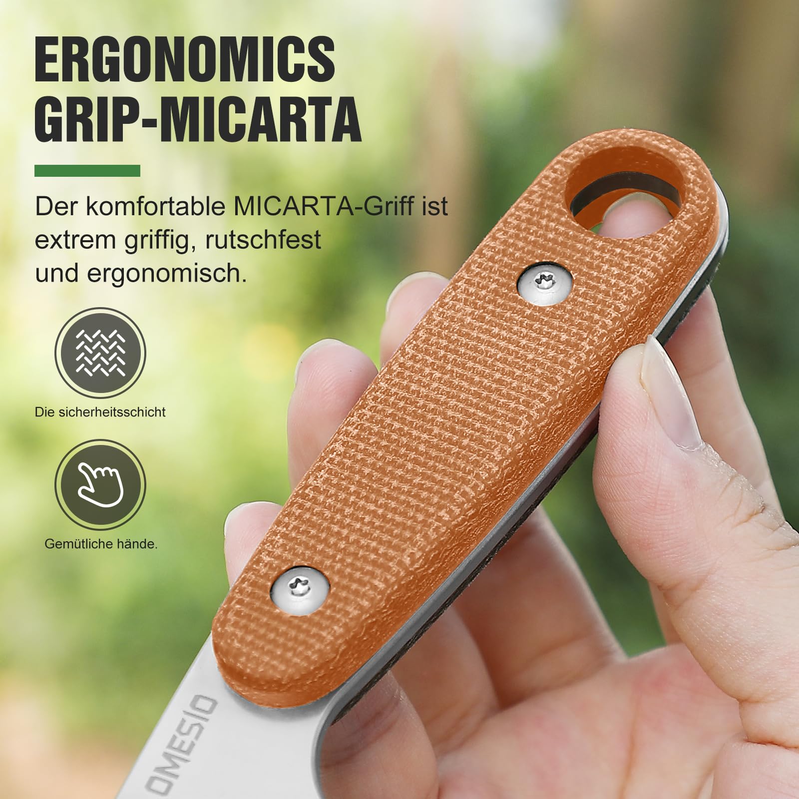 Omesio Coltello Outdoor 14C28N Lama Acciaio, Micarta Manico, Boscaglia Fodero Kydex, Clip Cintura, Sopravvivenza EDC, Escursioni, Campeg