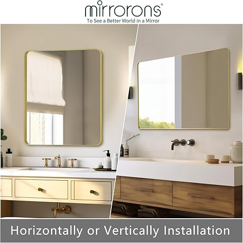 Miniatura 3 de Espejo de baño dorado de 32 x 24 pulgadas, espejo de pared dorado, espejo de tocador de baño con esquina redondeada, inastillable