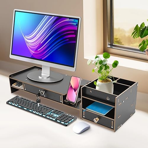Miniatura 3 de Soporte elevador de madera para monitor, con dos cajones, organizador de estante de escritorio, gabinete de almacenamiento, para