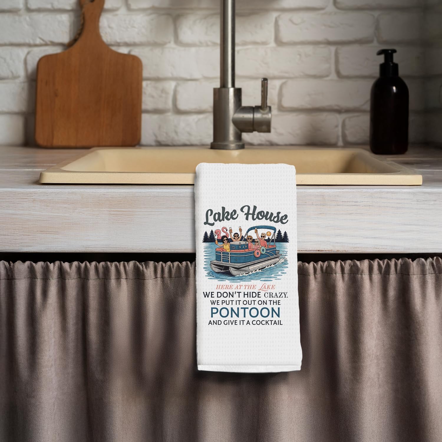 Funny Lake House Kitchen Towels, Pontoon Boat Gifts Dish Tea Towels for Kitchen Decor, Lake House Gifts Decorative Hand Towel for Bathroom Decor, 16x24 Inch