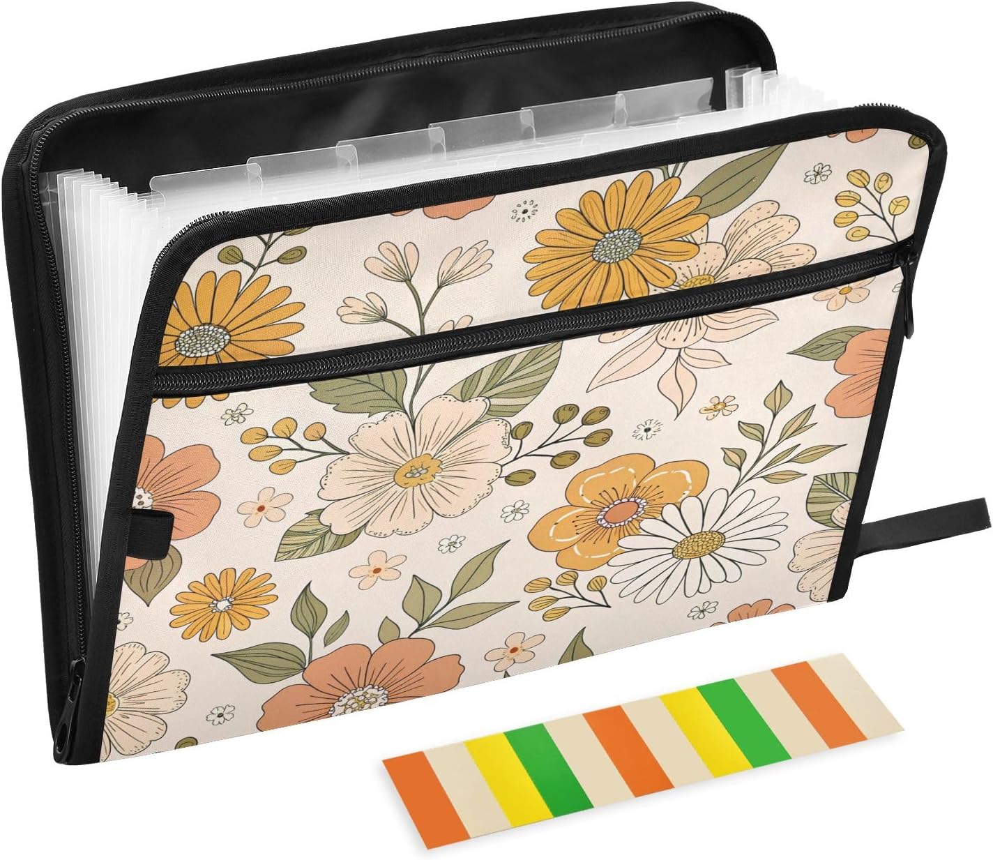 Retro Boho Flower 13 Pockets Expanding File Folder with Colorful Labels Accordion File Organizer A4 Letter Size