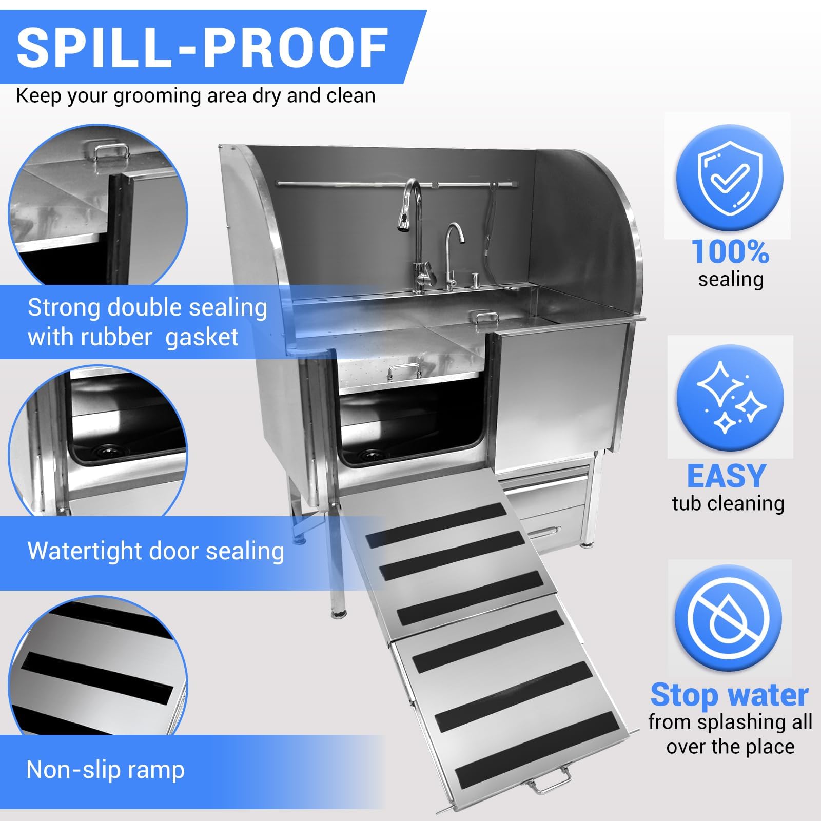50” Dog Grooming Tub, Stainless Steel Dog Washing Station with Foldable Ramp, Large Drawers, Rich Accessory, Professional Grooming Tub for Large, Medium, Small Pets, Left Door