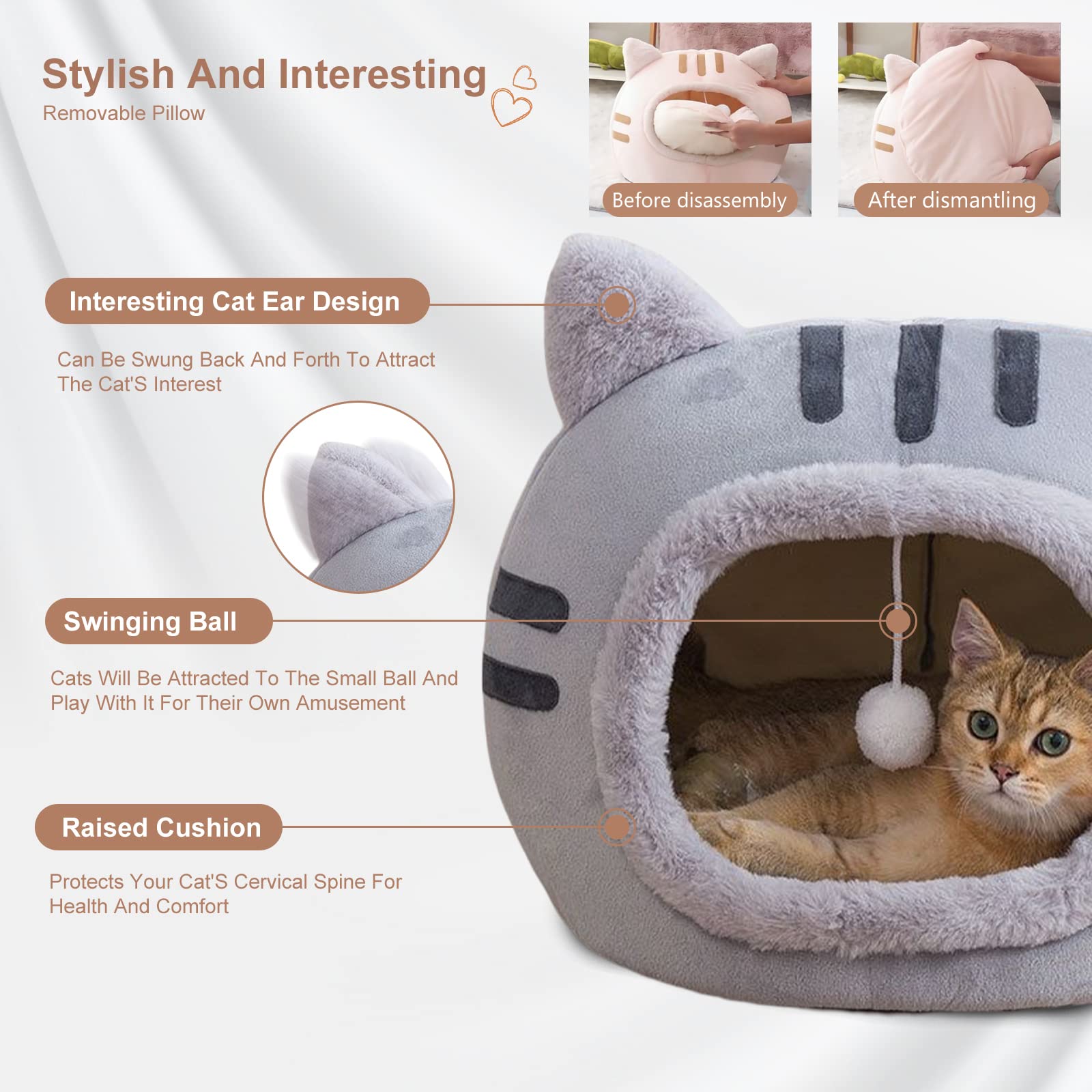 PETCUTE Cuccia per Gatti e Cani con Cuscino Rimovibile Lavabile, Fondo Antiscivolo, Morbida Nicchia per Conigli/Cuccioli