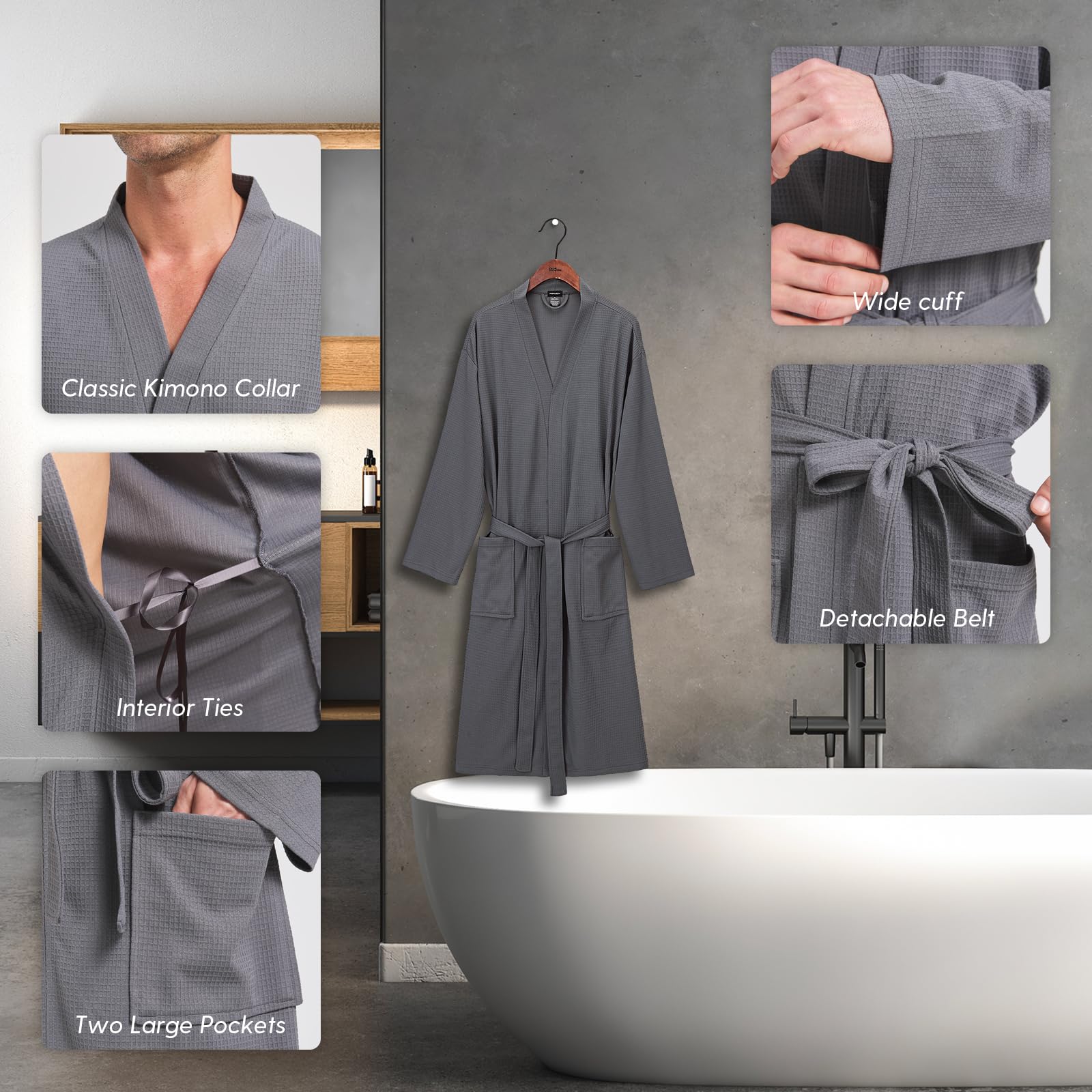 FashGudim Herren-Waffelpikee-Bademantel, leichter Kimono-Spa-Bademantel, knielang, Sommerroben