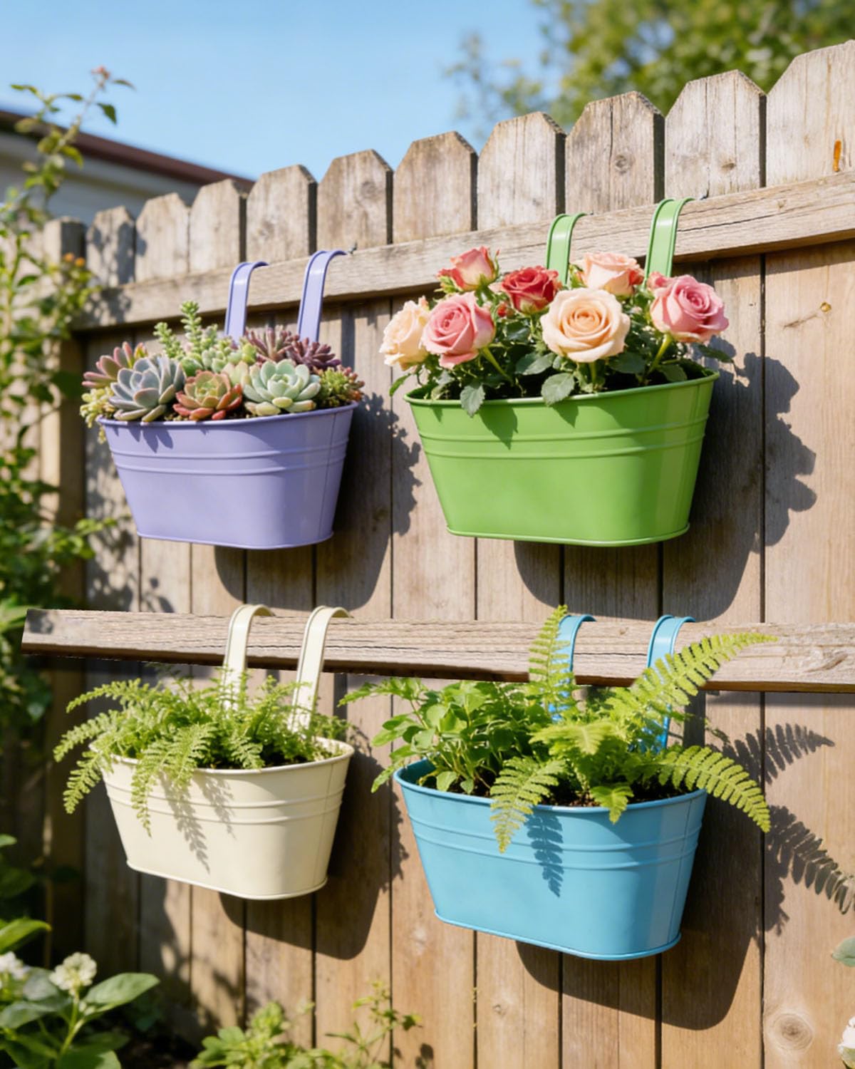 Evolpor 4Pcs Metal Iron Hanging Flower Pots, Fence Hanging Planters with Drainage Holes and Detachable Hooks, Hanging Bucket Planters for Balcony Fence Patio Garden Indoor Outdoor Home Decor