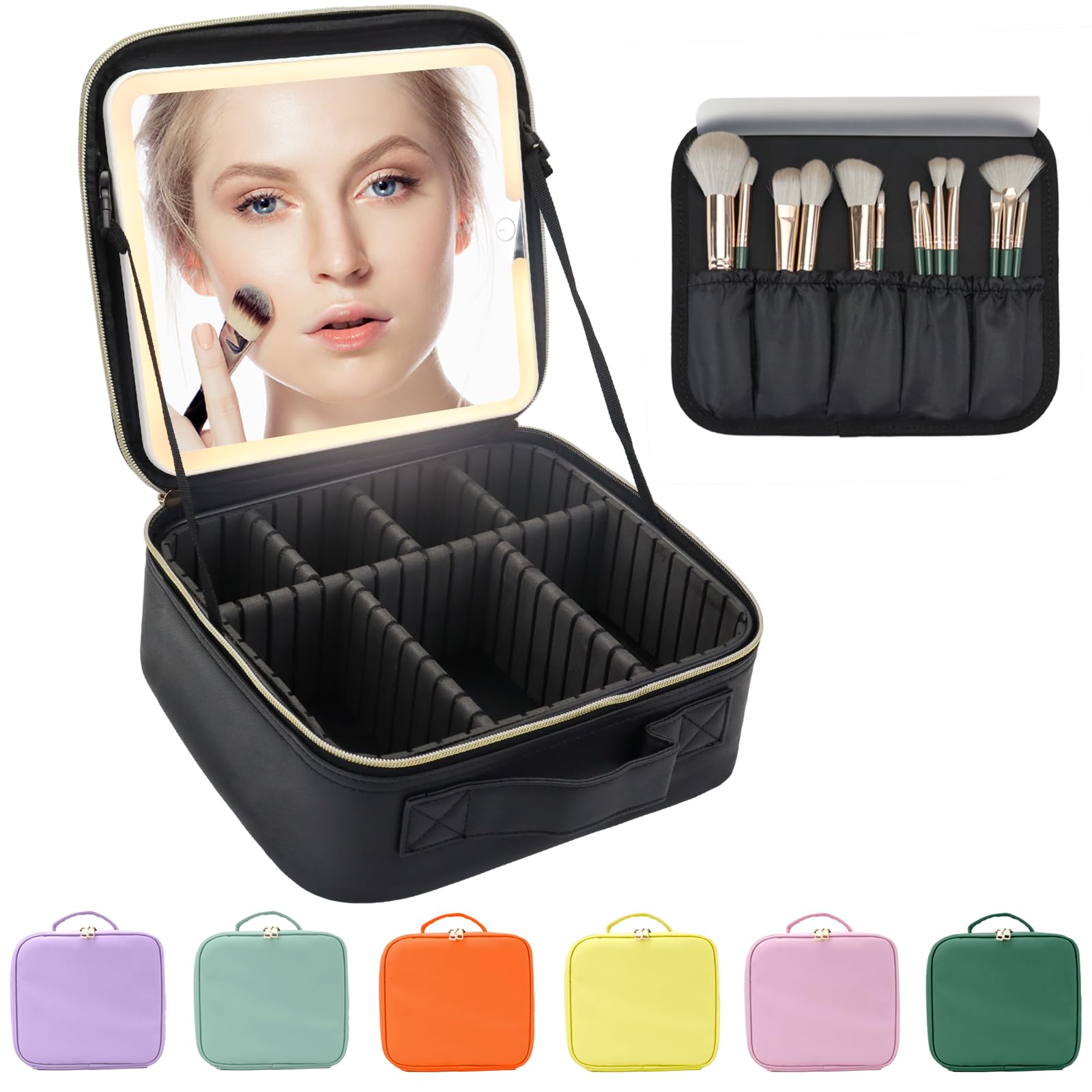 MORMID Travel Makeup Bag With LED Mirror,Travel Makeup Organizer,Makeup Case with 3 Color Lighted Setting Mirror,Portable Storage and Adjustable Dividers Makeup Box, Black, 10.4"x 9.1"x 4.6"-image-46