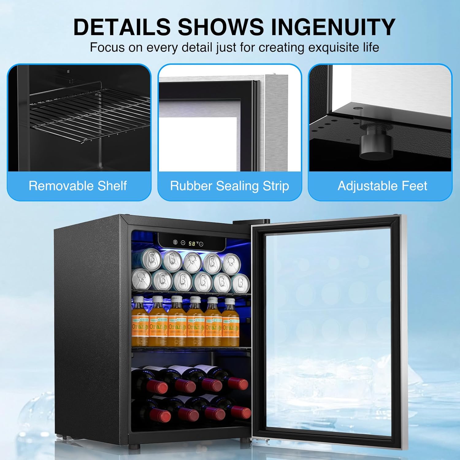Kismile 68 Can Beverage Refrigerator,1.7 Cu.Ft Mini Fridge with Seamless Stainless Steel Glass Door,16 Bottle Wine Cooler Digital Temperature Display for Bar/Home/Office 40-61℉,Silver