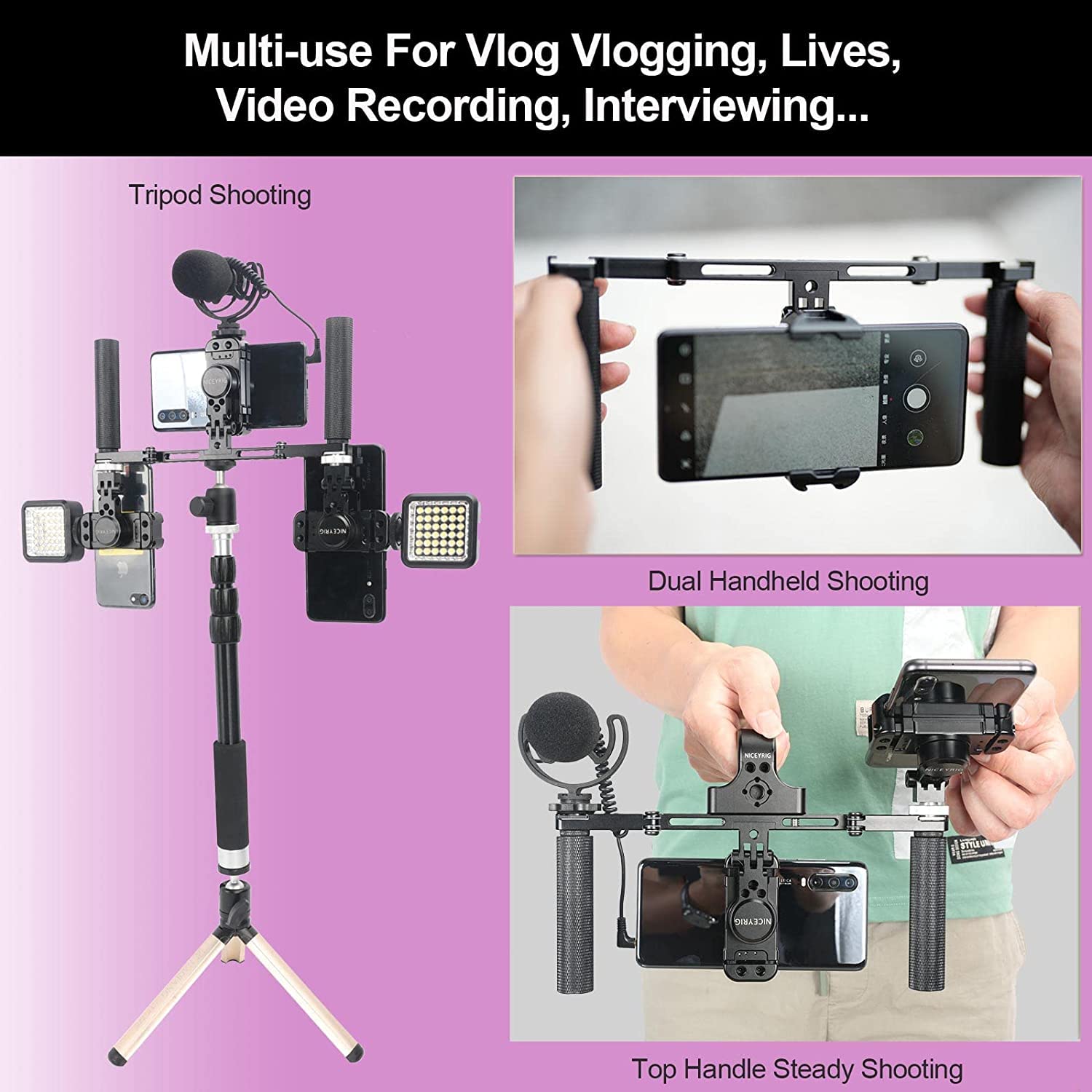 NICEYRIG Estabilizador de Doble Mano para teléfono Inteligente Vlog Vlogging Lives Kit de grabación de Video con Mango Plegable para teléfono Celular Android y iPhone 14/13/12/11/XS Pro MAX -521