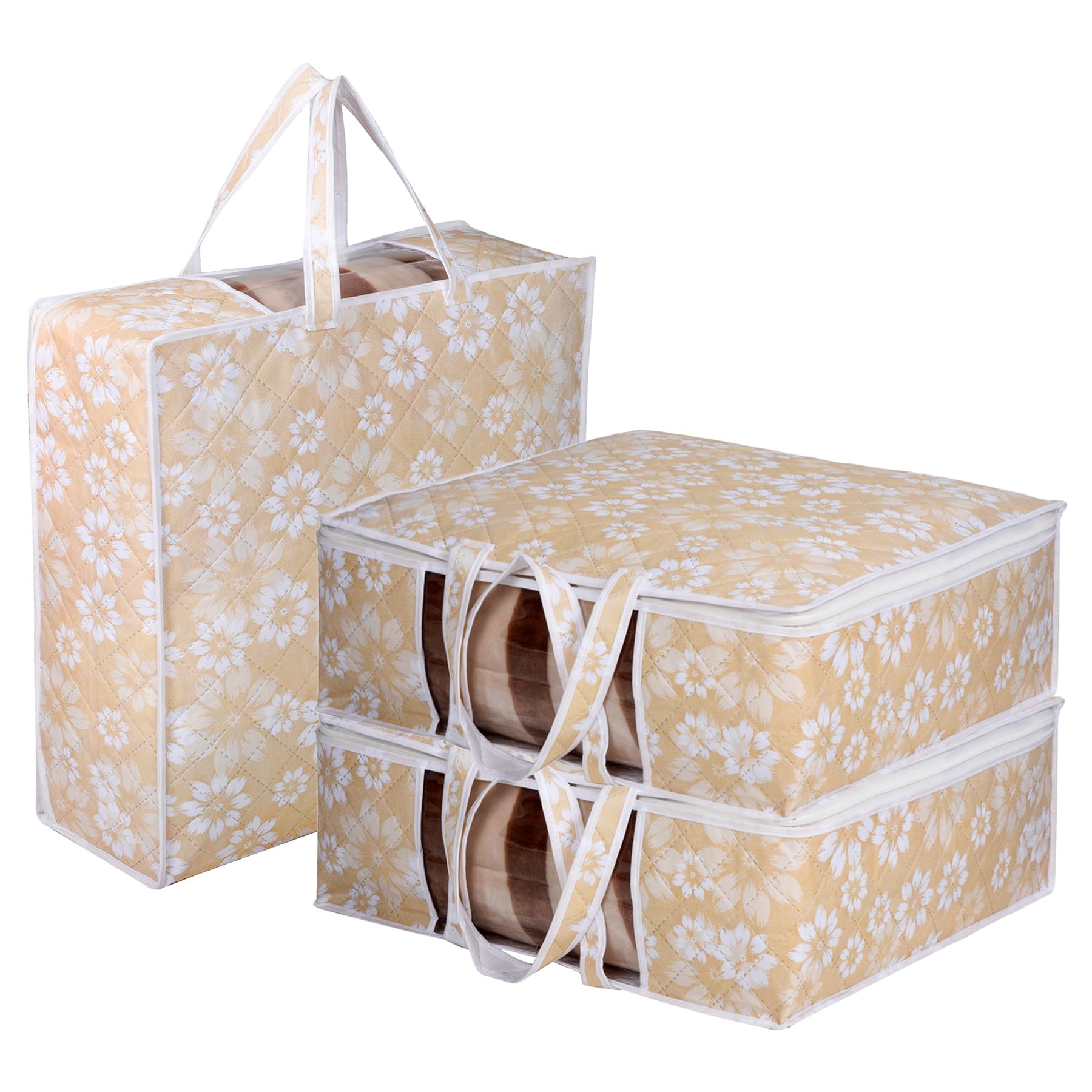 Kuber Industries Blanket Cover | Waterproof Underbed Storage Bag | Wardrobe Storage Bag | Visible Window with Handle | Bedding Clothes Bag | Flower Quilted Comforter Bag | Pack of 3 | Golden (B0CTMQNFY5) Amazon Price History, Amazon Price Tracker