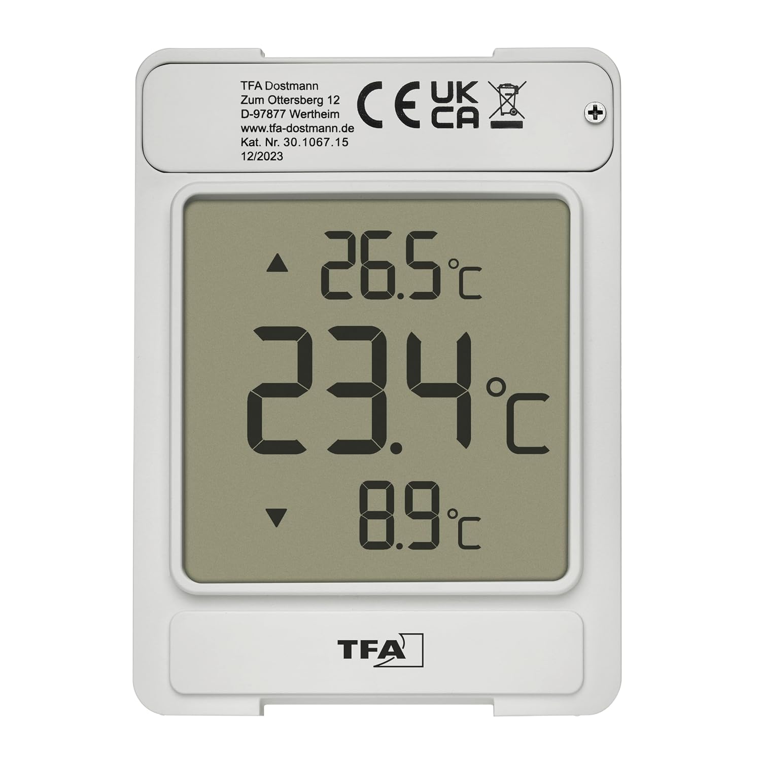 TFA Dostmann WINDOO 30.1067.15 Window Thermometers, Digital Measurement Outdoor Temperature, Easy Assembly, Weatherproof, Highest and Lowest Values, with Self-Adhesive Film, No Drilling, Grey/White