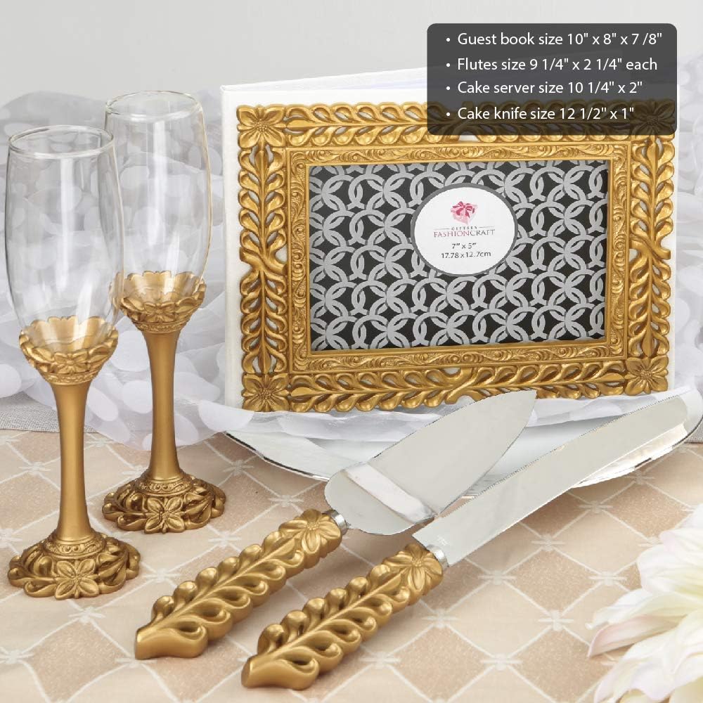 FASHIONCRAFT Elegant Glasses with Cake Knife and Server 5 Piece Set (Baroque Gold)