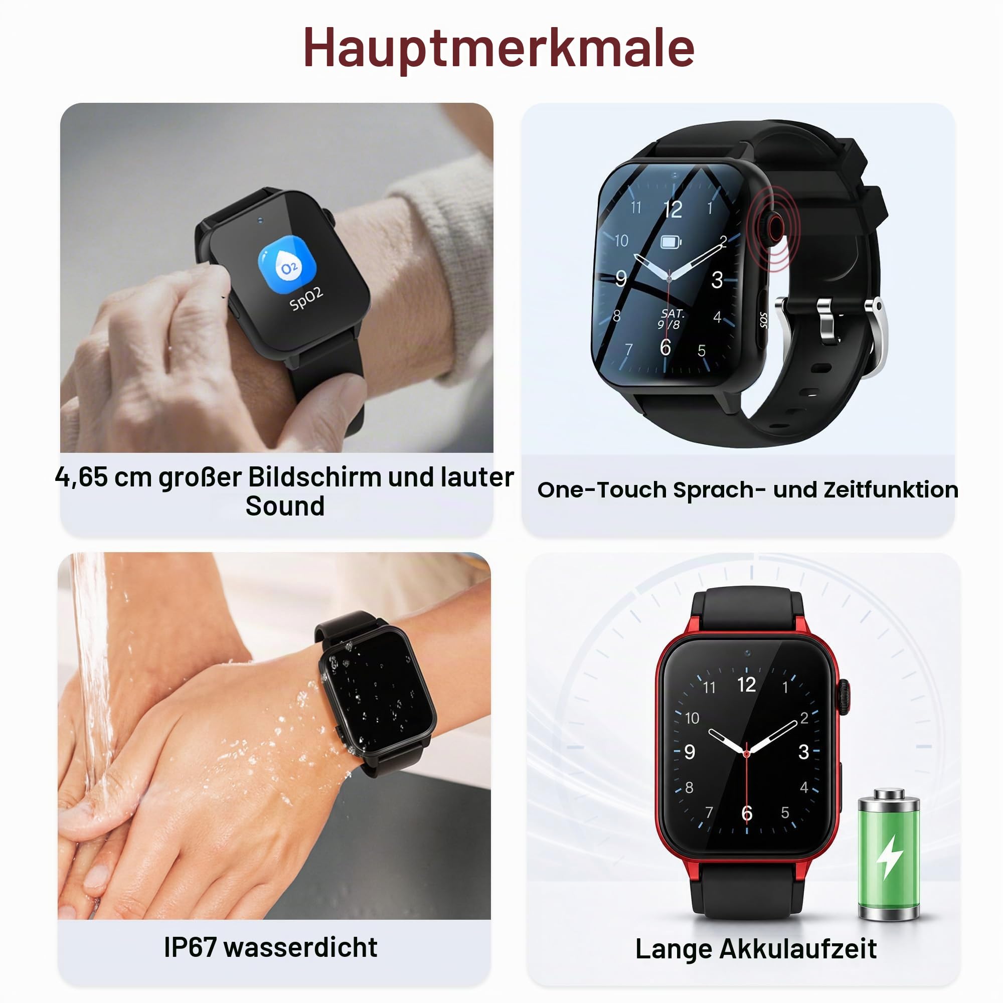 4G Senioren Smartwatch mit SOS Notruf, GPS Ortung und Sturzerkennung, Videoanruf, Zwei-Wege-Telefonie, IP67, Notruf Uhr für ältere Menschen, SIM Karte erforderlich (Schwarz)
