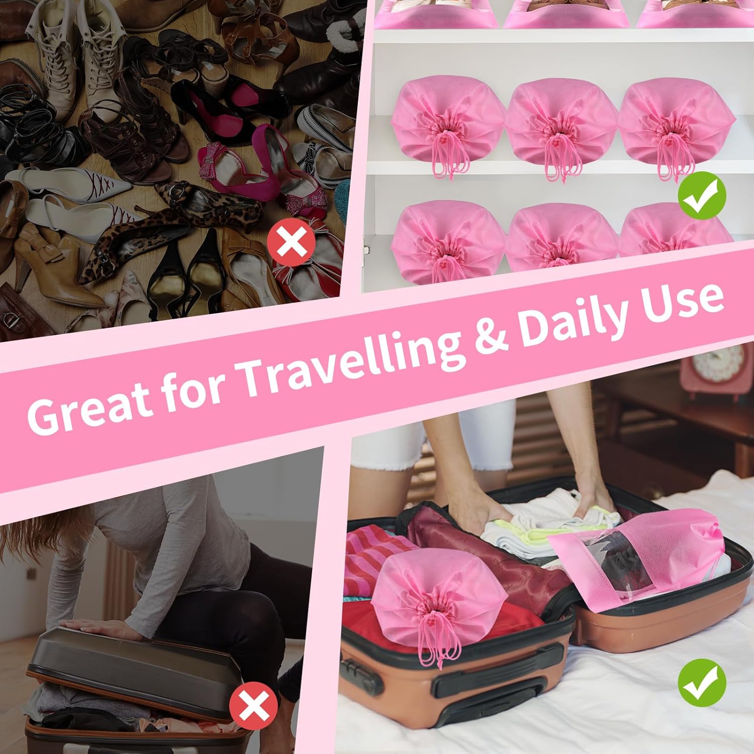20 Pack Shoe Bags for Travel, Large Travel Shoe Bags for Packing with Clear Window, Dustproof Drawstring Travel Shoe Storage Bags Travel Essentials for Men & Women, Pink - Image 5