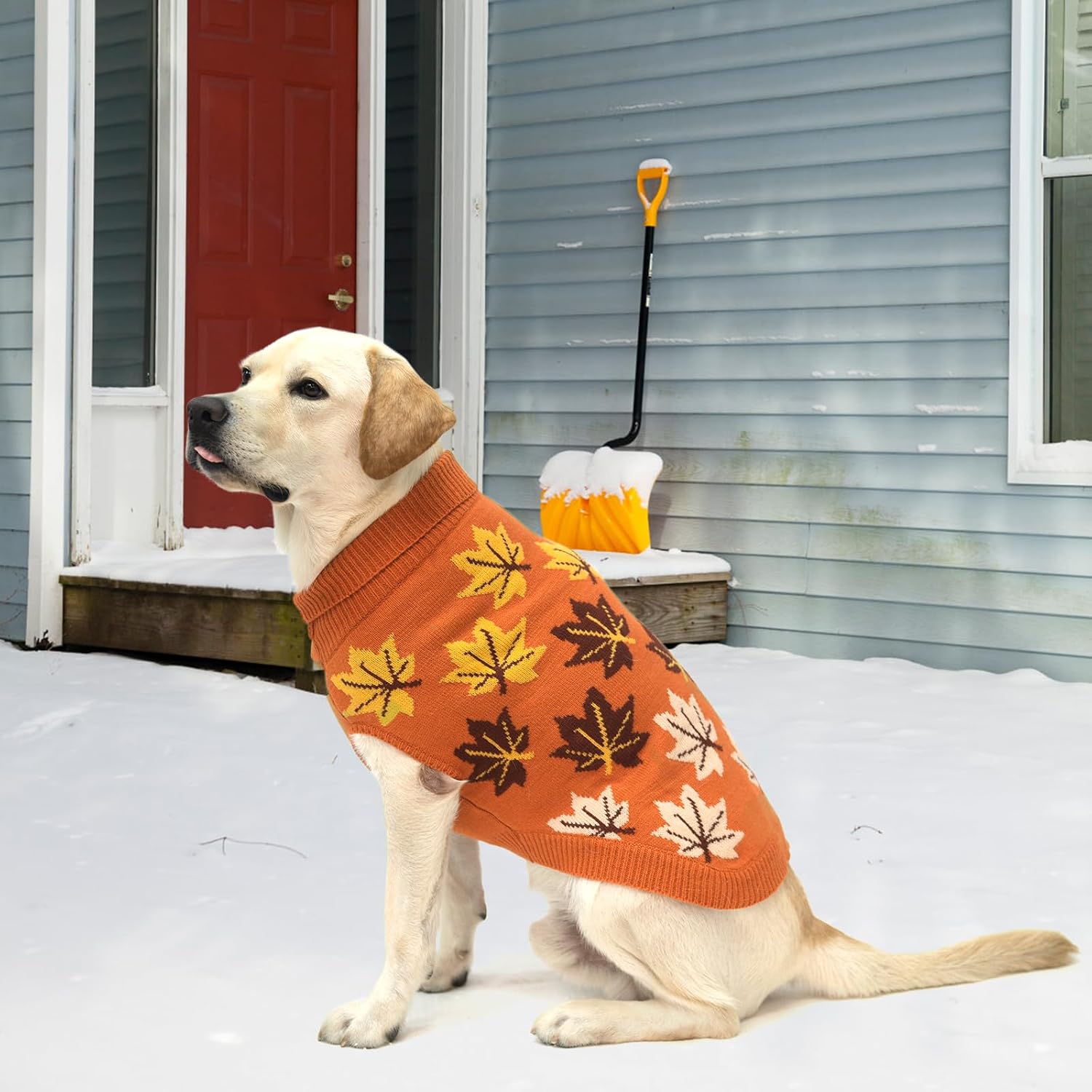 Fall Dog Sweater, Thanksgiving Dog Sweater with Autumn Maple Leaf Pattern, Cold Weather Pet Knitted Winter Coats Clothes Turtleneck Pullover for Small Medium Large Dogs Cat Boy Girl, Orange L