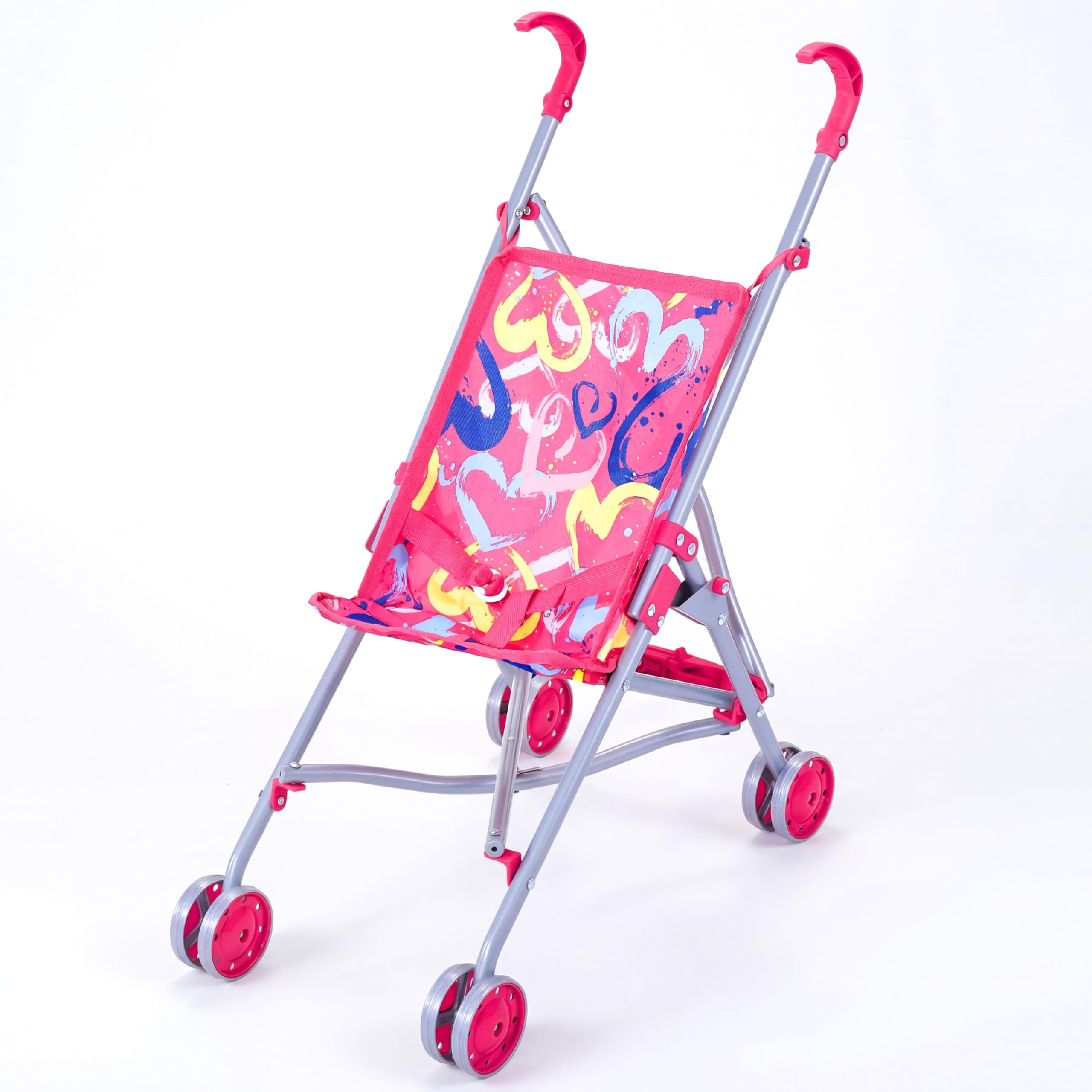 BiBi Doll Pink Hearts Dolls Stroller - Foldable Buggy with Safety Belt, Portable Pushchair for Baby Dolls up to 20” - Role Play Toys for Boys & Girls, Ages 3+