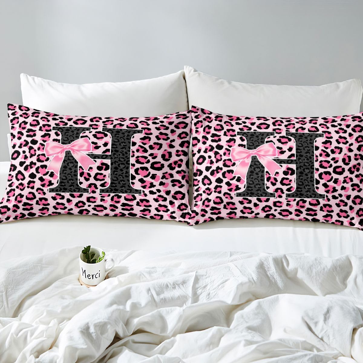 jejeloiu Pink Black Leopard Bed Sheets Set Queen Size Initial Letter H Bed Set for Kids Boys Girls Coquette Bow Deep Pocket Fitted Sheet Cheetah Bowknot Breathable Soft Lightweight Microfiber