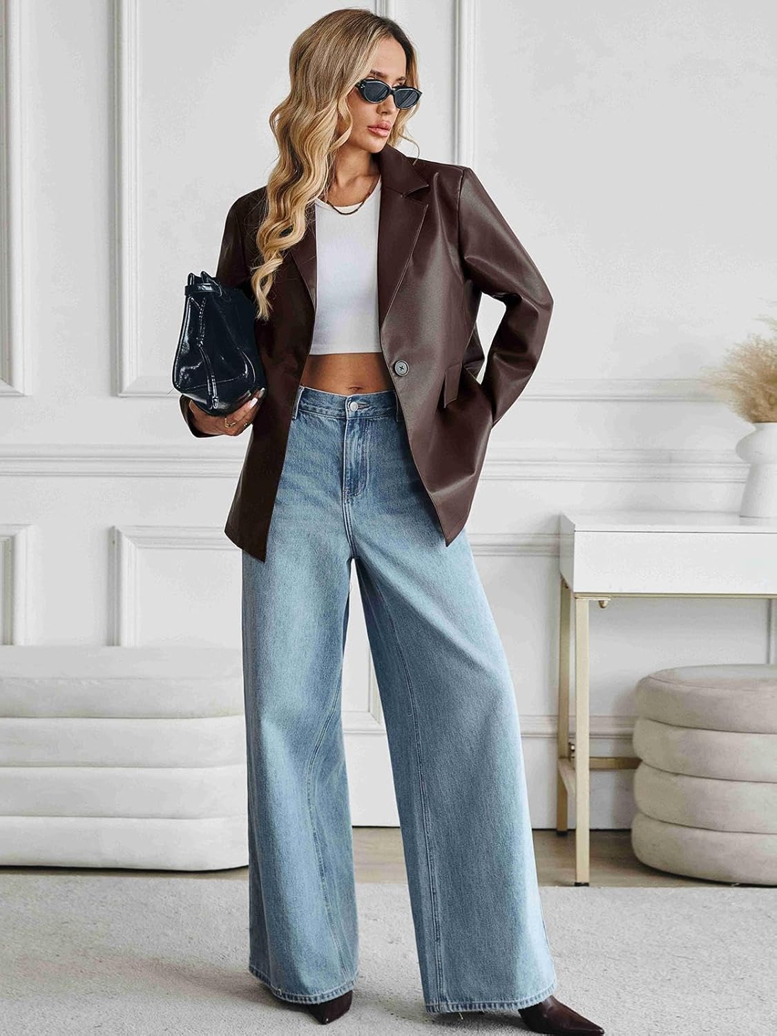 Women's Faux Leather Blazer Oversized Bomber Winter Coat Motocycle Button Down Fall Jackets with Pockets - Image 5