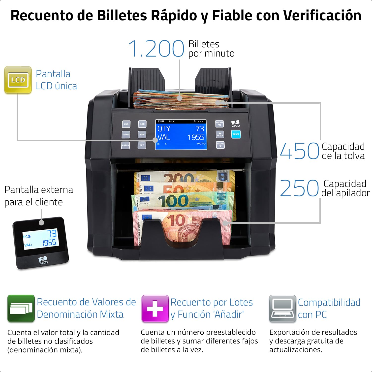 ZZap NC50 Contadora de Billetes y Detector de Falsificaciones - Contadora de Valor para Denominaciones Mixtas - Máquina de Efectivo