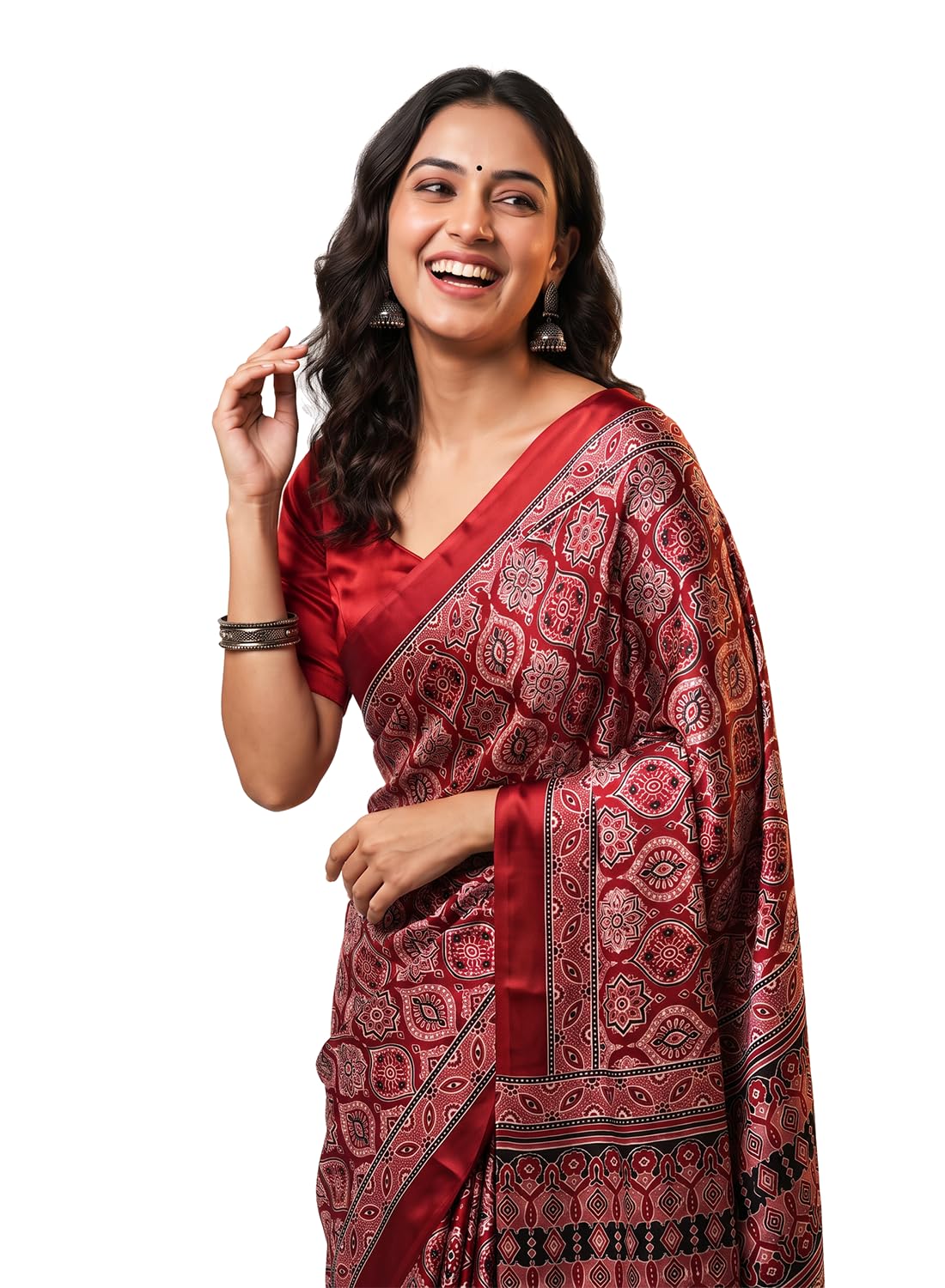 shri hari Sarees Ajrakh Modal Silk Saree for Women | Gajji Silk Red Pallu Tassels | Designer Sarees for Women Party | Ajrakh Print Saree | Modal Silk Sarees Original-picture-15