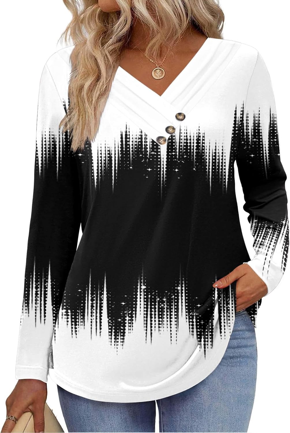 HOTOUCH Womens Fall Tunics Long Sleeve Tops Cross V Neck Shirts Loose Casual Blouses with Decor Button - Image 2