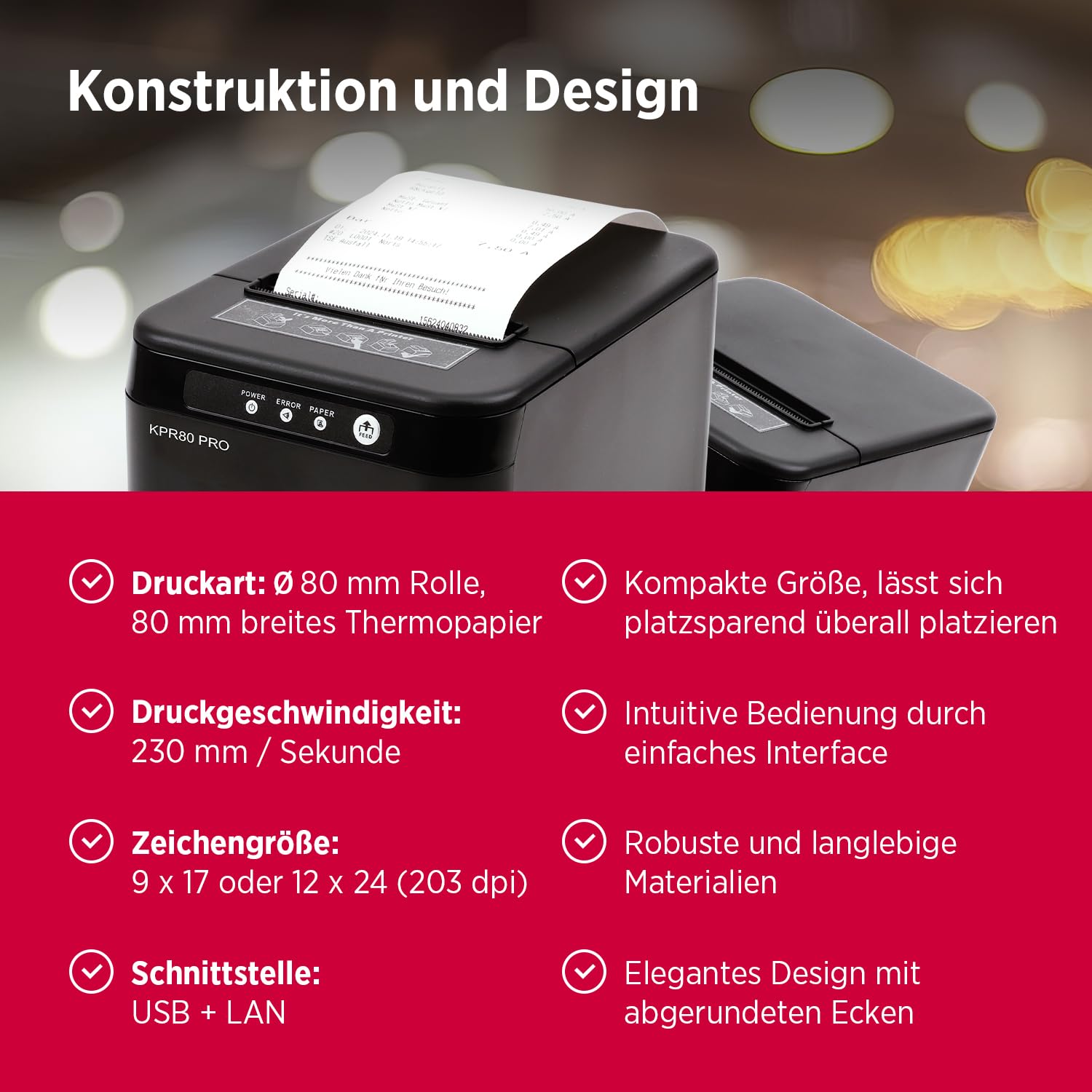Olympia KPR 80 PRO | Bondrucker mit USB & LAN | Thermodrucker für 80 mm Bonrollen | Schneller Kassendrucker mit 230 mm/s für POS & Gastronomie | Kompakter Belegdrucker in Schwarz