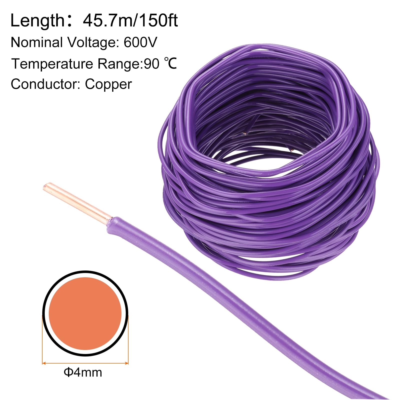 QUARKZMAN 150 Fuß Elektrischer Draht Isoliert Massivkupfer 12AWG Anschlusskabel THHN Draht Wohnbereich Industrie Erdung Elektrisch Bewertet Für 600 Volt UL Gelistet Lila