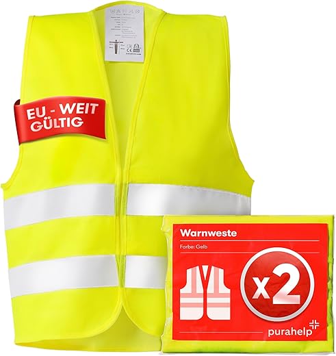 PURAHELP Warnwesten Auto 2er Set Europaweit gültig nach EN ISO 20471 – Reflektierende Warnweste Auto – Sicherheitsweste Auto Warnweste Gelb – Warnschutzweste – Sicherheitswesten…
