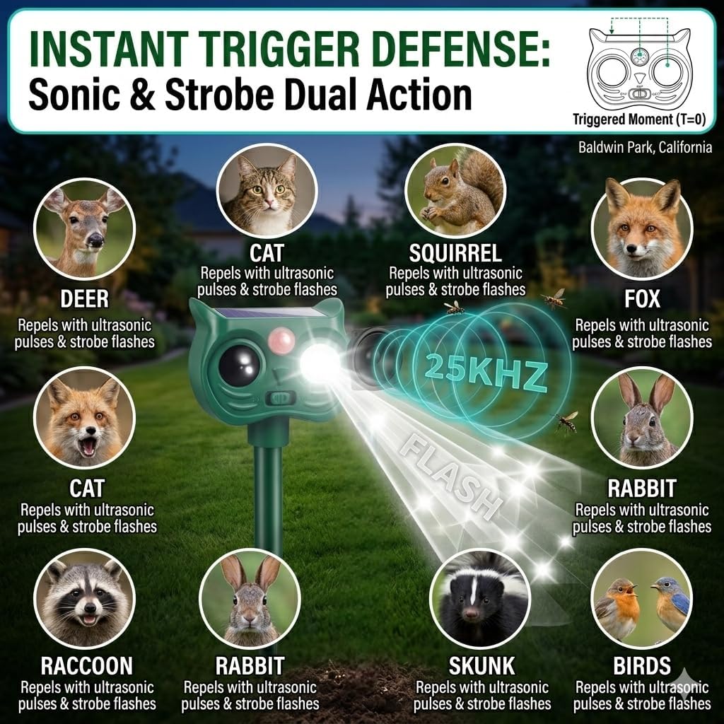 Condition photo showing As Is for 4pcs solar animal repellent outdoor, ultrasonic cat repeller outdoor&deer repellent device, rabbit squirrel raccoon repellent with motion sensor led lights for garden yard