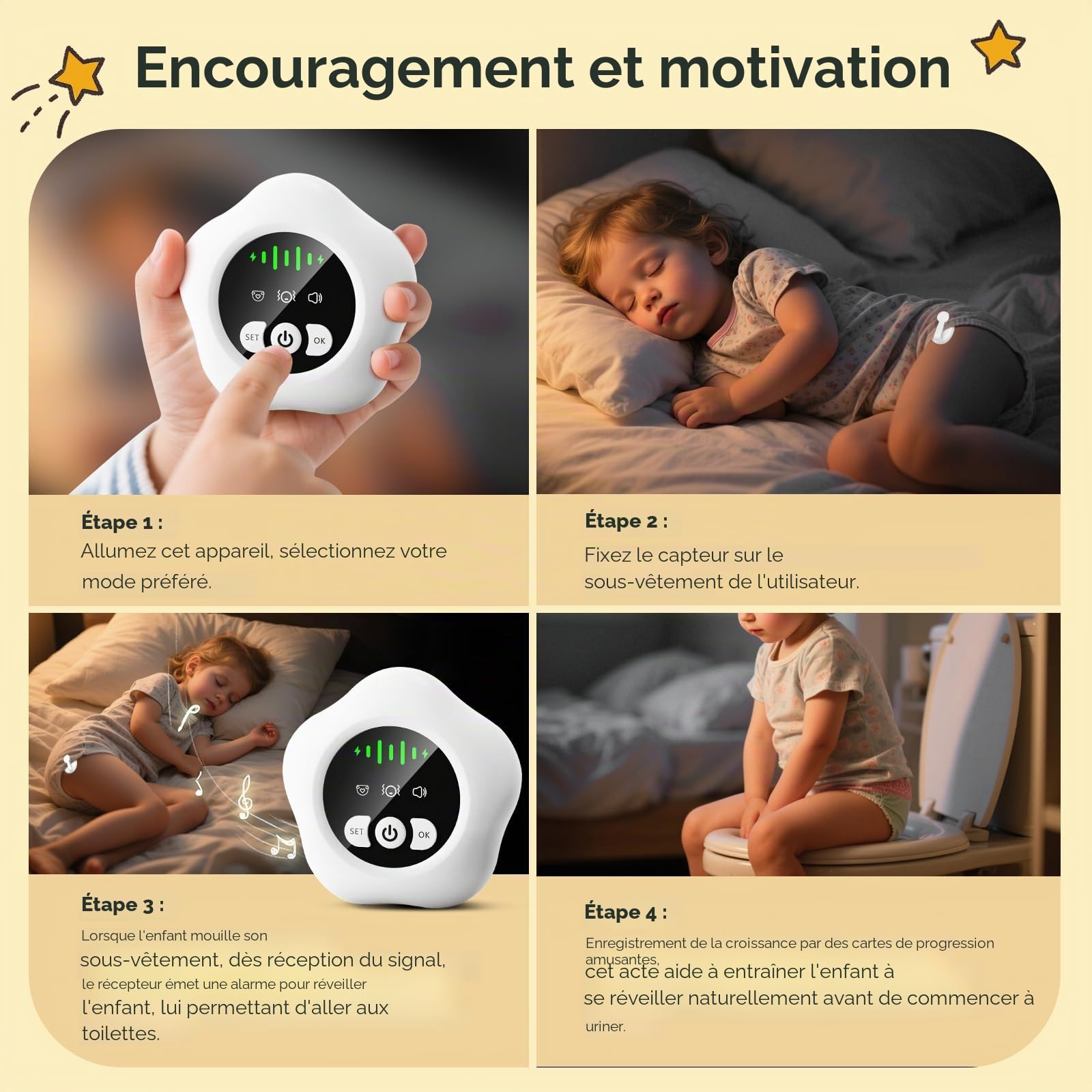 Alarme d'énurésie sans Fil, Rechargeable par USB, Apprentissage de la propreté avec Son et Vibrations pour Enfants et Adultes, livré avec capteur d'humidité d'énurésie Nocturne
