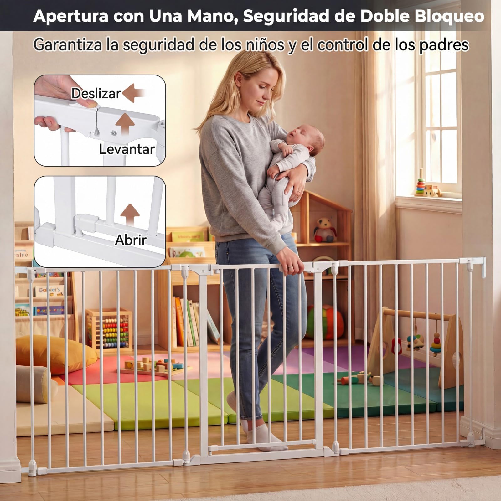COSTWAY Barrera de Seguridad para Niños, 74,5-198 x 74,5 cm, Valla de Seguridad de 3 Paneles con Doble Bloqueo, Apertura en Dos Direcciones, Puerta Escalera de Metal para Bebés y Perros (Blanco)