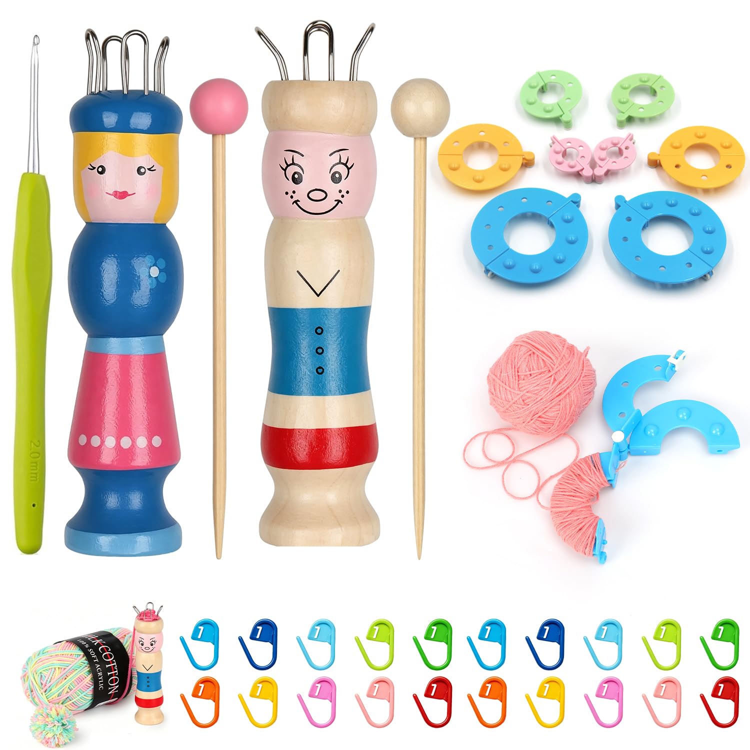 Juego de 2 piezas de azulejo de madera para tejer con manivela con pompones, aguja de ganchillo y marcadores de punto, juego de punto para principiantes, ideal para tejer con lana y