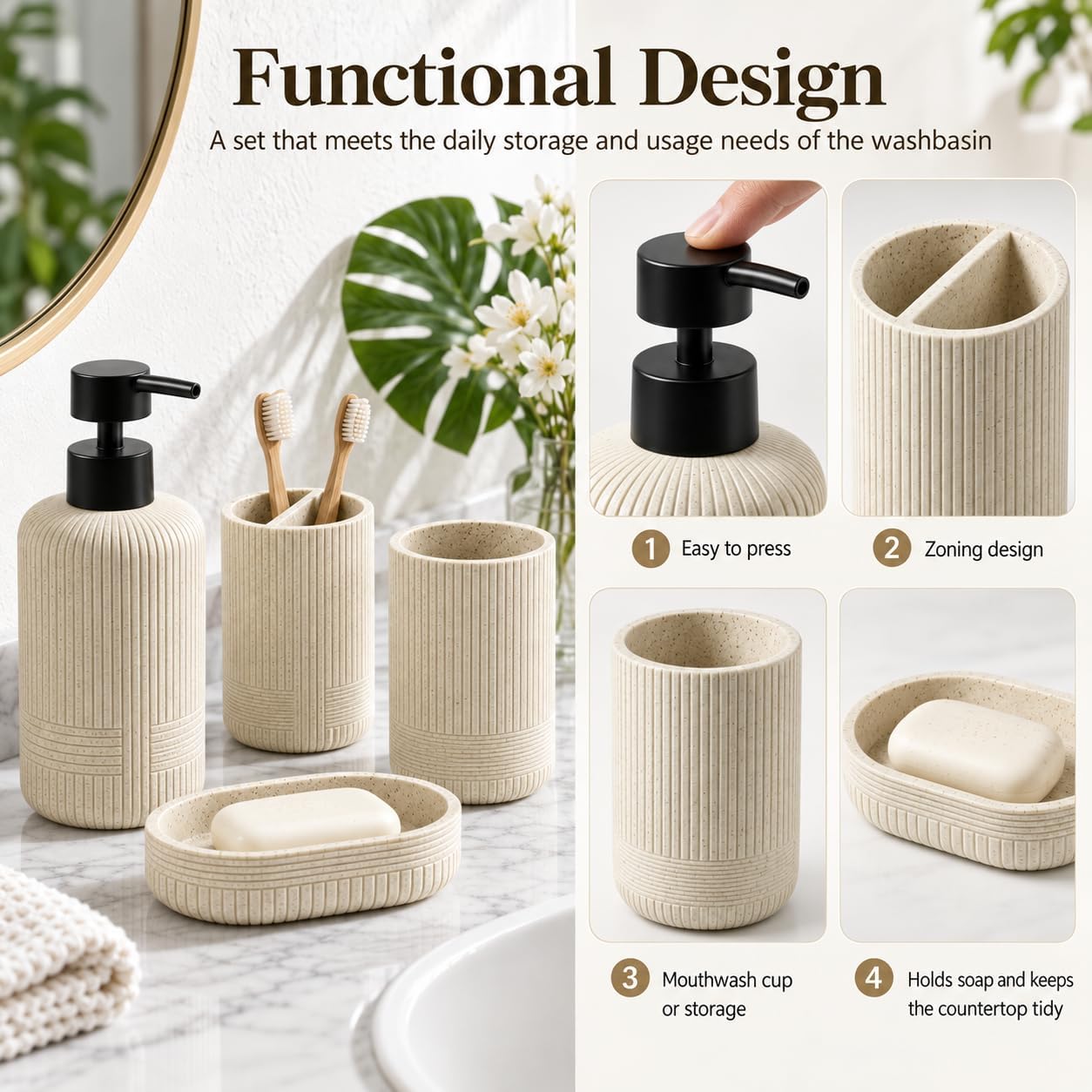 MRAXEL Beige Bathroom Accessory Set 4 Pieces, Toothbrush Holder Set, Resin image 4