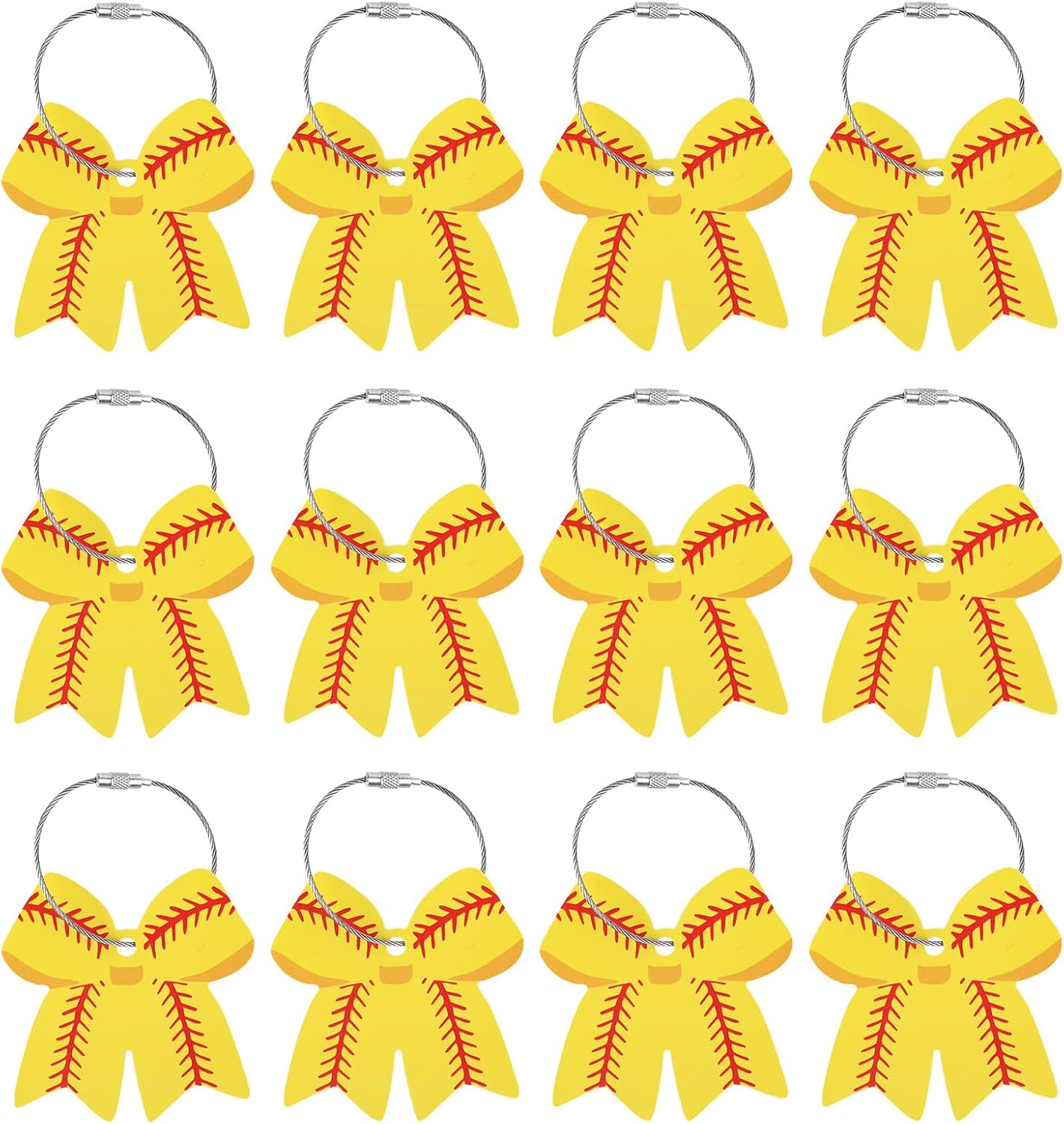 BOXOB 12 Pcs Softball Bow Luggage Tags, 2.75in Suitcase Labels with Metal Ring PVC Keychain DIY Name ID Card 3D Baseball Baggage Identifier Accessories Gifts for Men Women Girls Travel Suitcase Bag